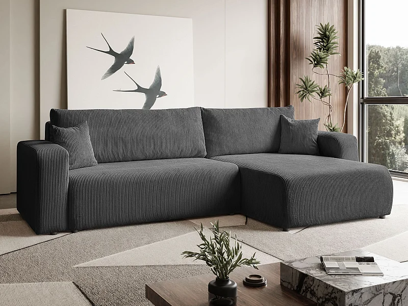 Ecksofa L Form Sofia 277 x 143 cm mit Schlaffunktion und Bettkasten Couch Cord Schlafsofa Schlafcouch Sofa universale Seite, dunkelgrau