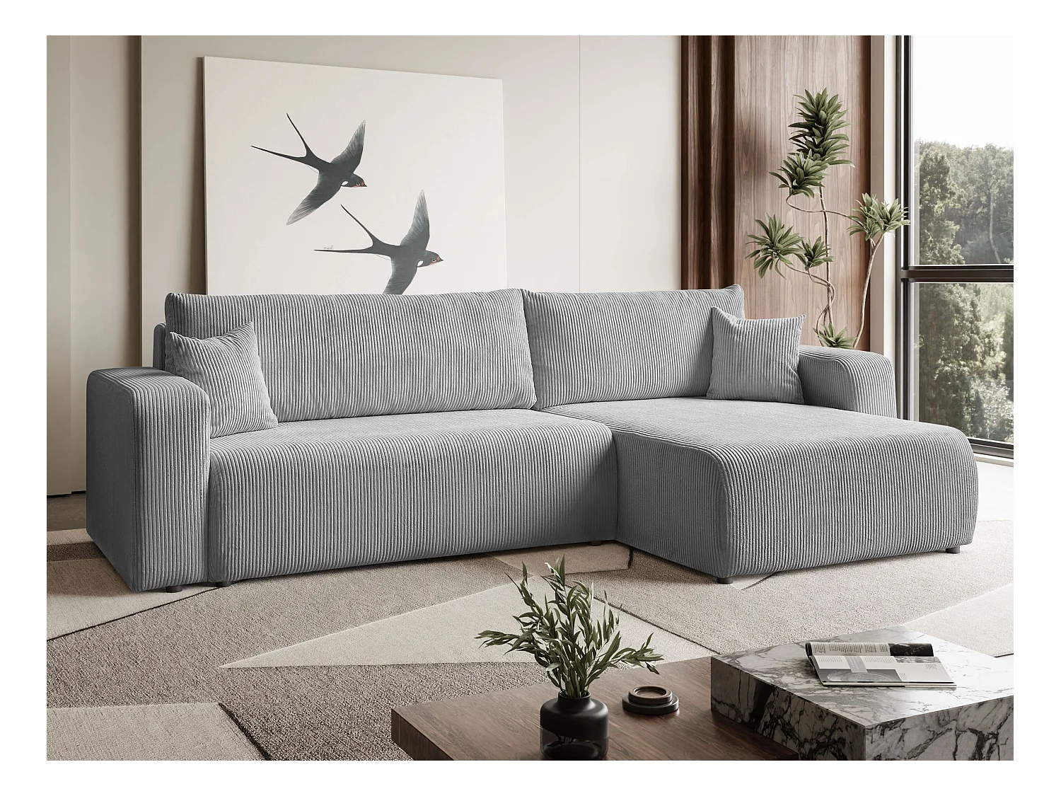 Ecksofa L Form Sofia 277 x 143 cm mit Schlaffunktion und Bettkasten Couch Cord Schlafsofa Schlafcouch Sofa universale Seite, hellgrau