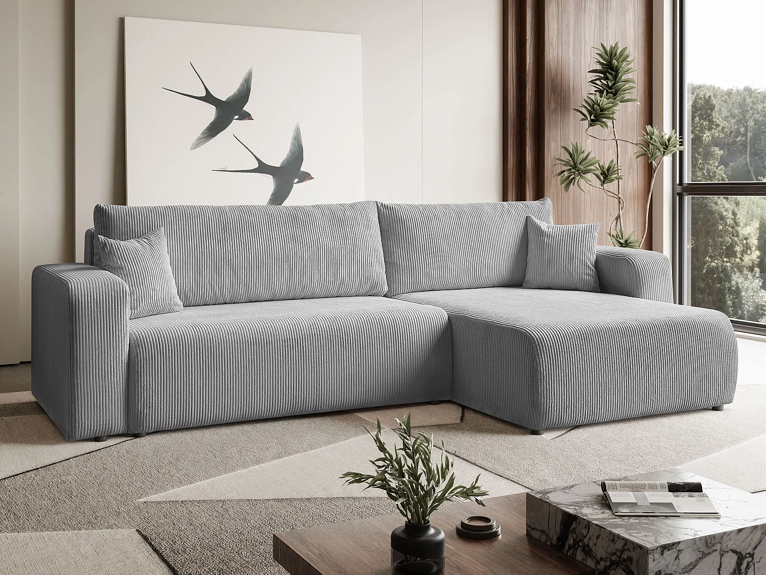 Ecksofa L Form Sofia 277 x 143 cm mit Schlaffunktion und Bettkasten Couch Cord Schlafsofa Schlafcouch Sofa universale Seite, hellgrau