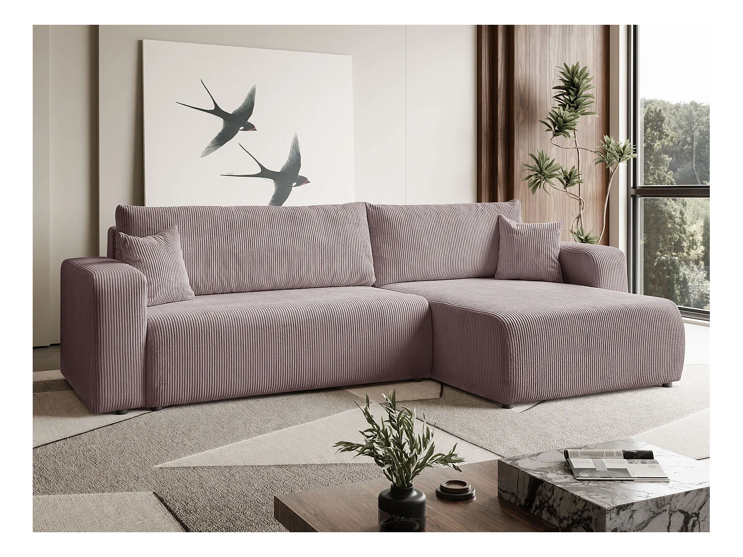 Ecksofa L Form Sofia 277 x 143 cm mit Schlaffunktion und Bettkasten Couch Cord Schlafsofa Schlafcouch Sofa universale Seite, puderrosa