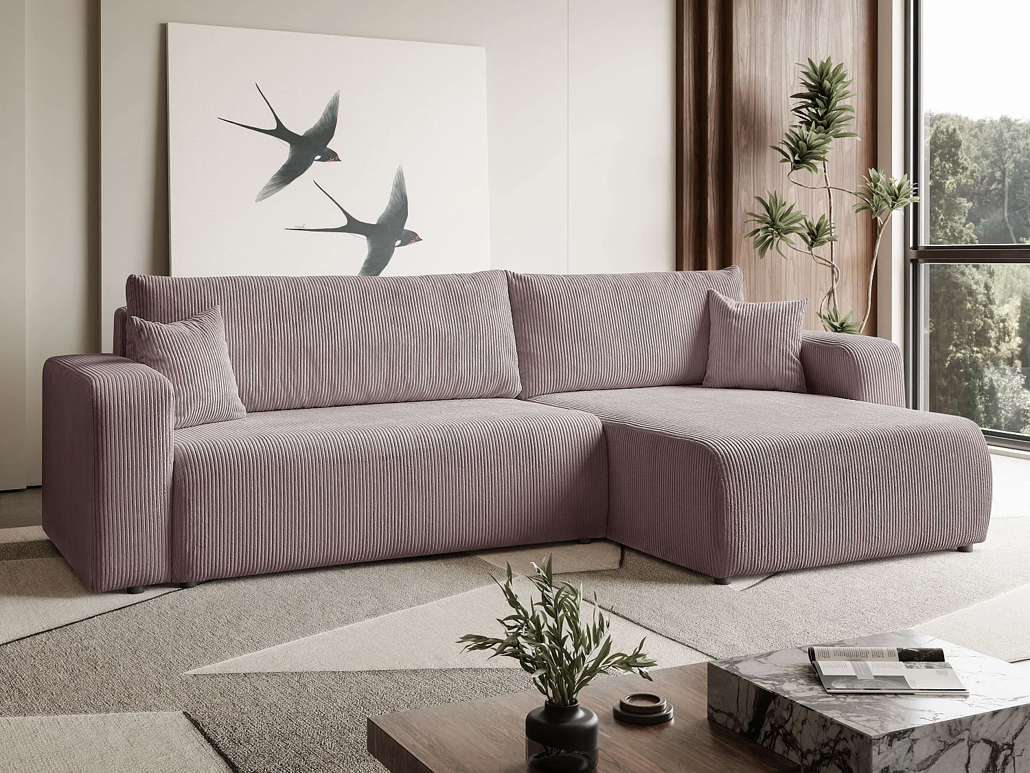 Ecksofa L Form Sofia 277 x 143 cm mit Schlaffunktion und Bettkasten Couch Cord Schlafsofa Schlafcouch Sofa universale Seite, puderrosa