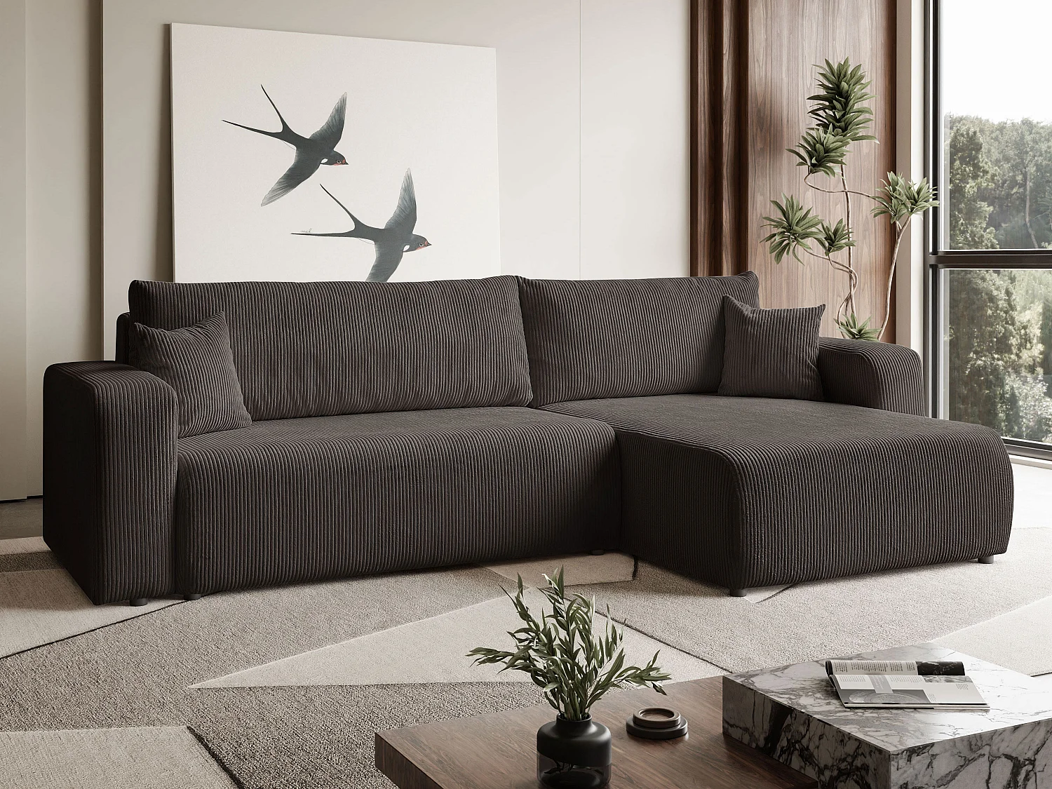 Ecksofa L Form Sofia 277 x 143 cm mit Schlaffunktion und Bettkasten Couch Cord Schlafsofa Schlafcouch Sofa universale Seite, hellbraun