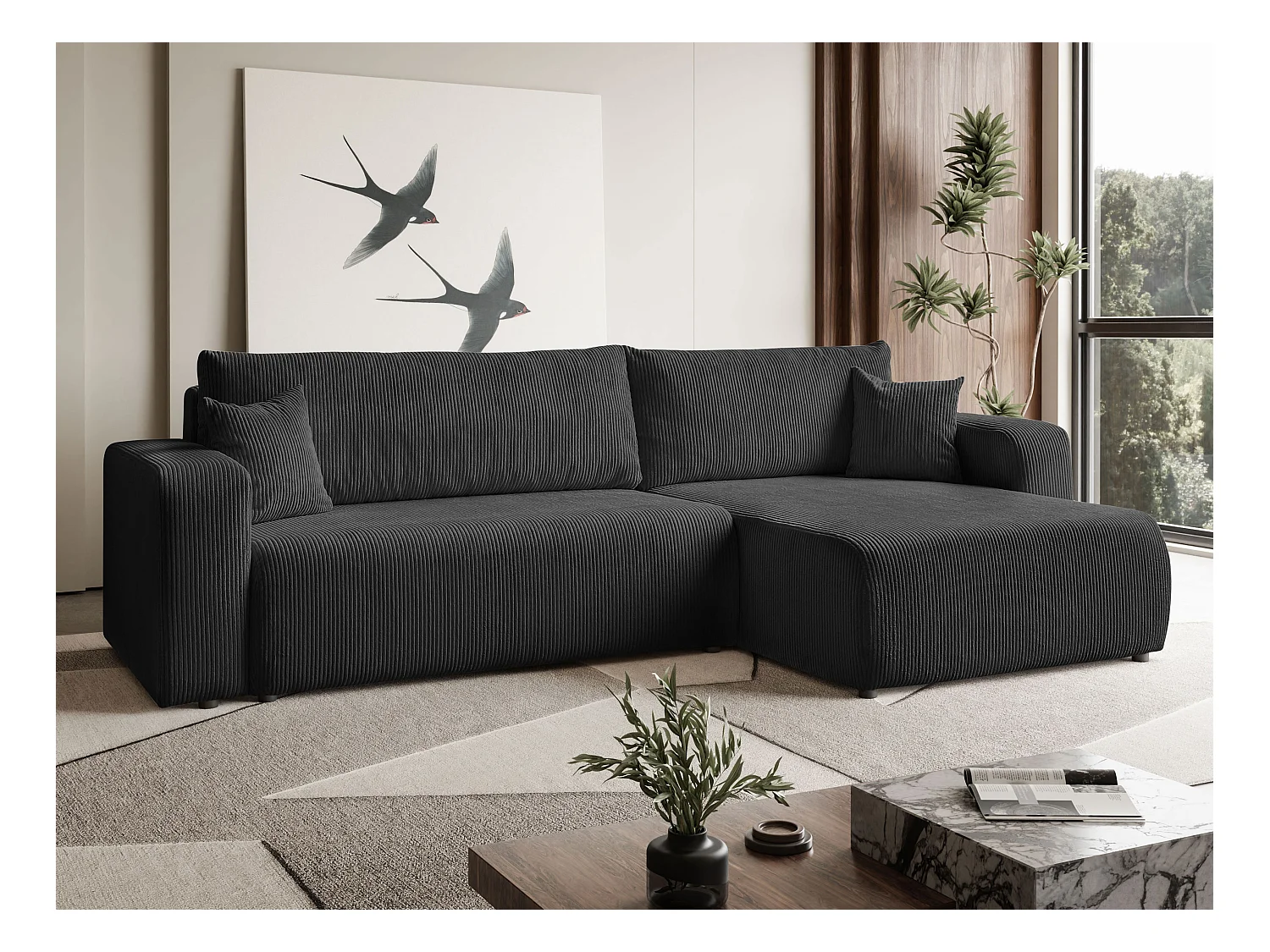 Ecksofa L Form Sofia 277 x 143 cm mit Schlaffunktion und Bettkasten Couch Cord Schlafsofa Schlafcouch Sofa universale Seite, graphit