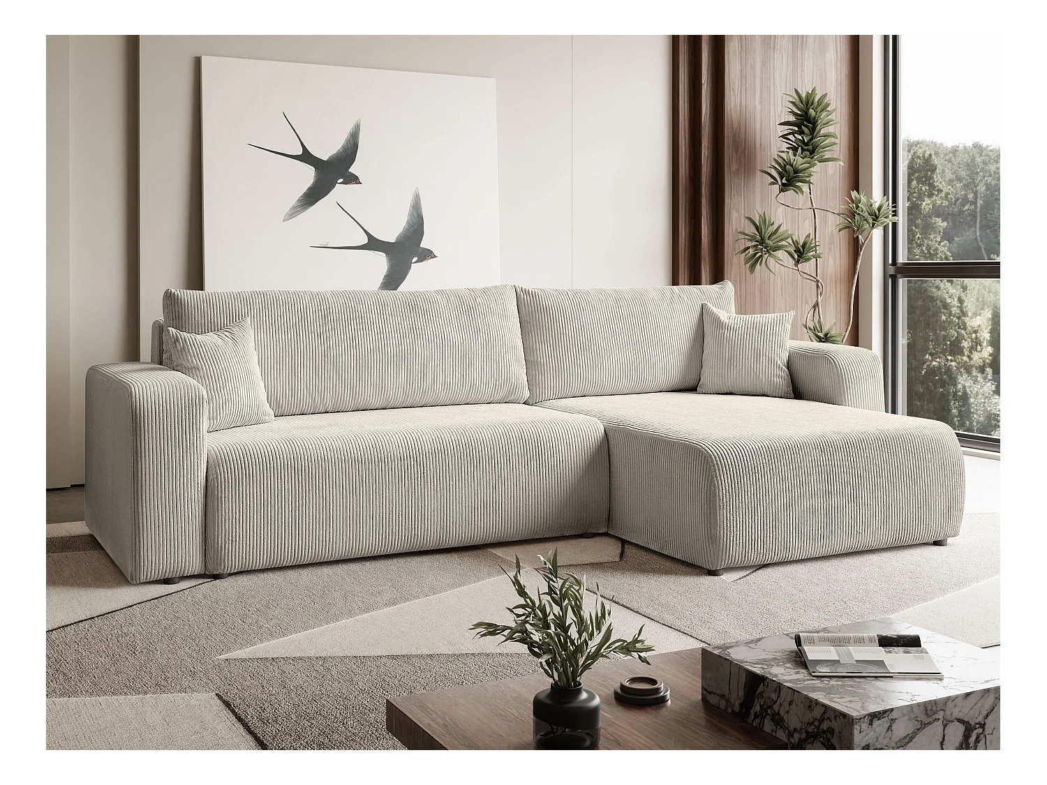 Ecksofa L Form Sofia 277 x 143 cm mit Schlaffunktion und Bettkasten Couch Cord Schlafsofa Schlafcouch Sofa universale Seite, beige