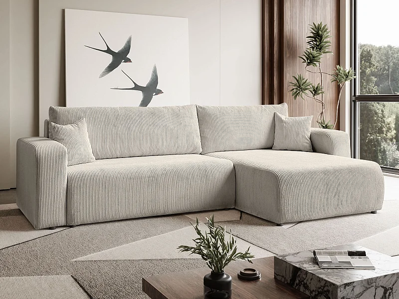 Ecksofa L Form Sofia 277 x 143 cm mit Schlaffunktion und Bettkasten Couch Cord Schlafsofa Schlafcouch Sofa universale Seite, beige