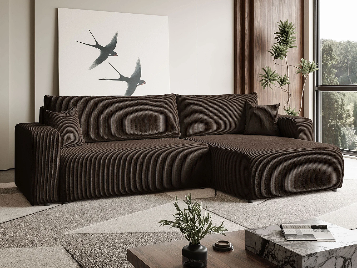 Ecksofa L Form Sofia 277 x 143 cm mit Schlaffunktion und Bettkasten Couch Cord Schlafsofa Schlafcouch Sofa universale Seite, braun