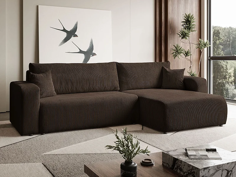 Ecksofa L Form Sofia 277 x 143 cm mit Schlaffunktion und Bettkasten Couch Cord Schlafsofa Schlafcouch Sofa universale Seite, braun