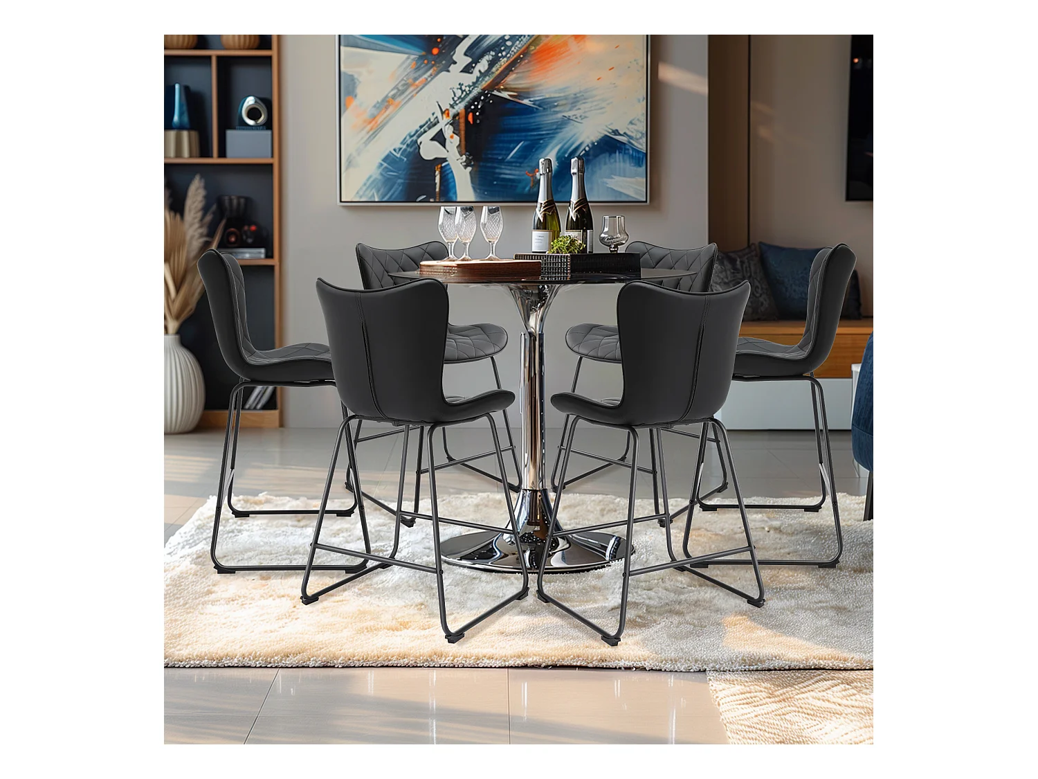 Taburete alto - 2 negras, acolchado diamante 'piel de gato'