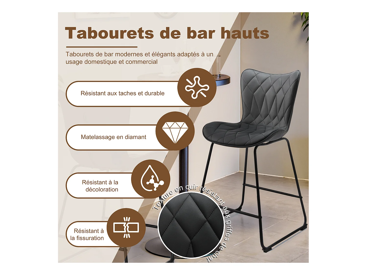 Taburete alto - 2 negras, acolchado diamante 'piel de gato'