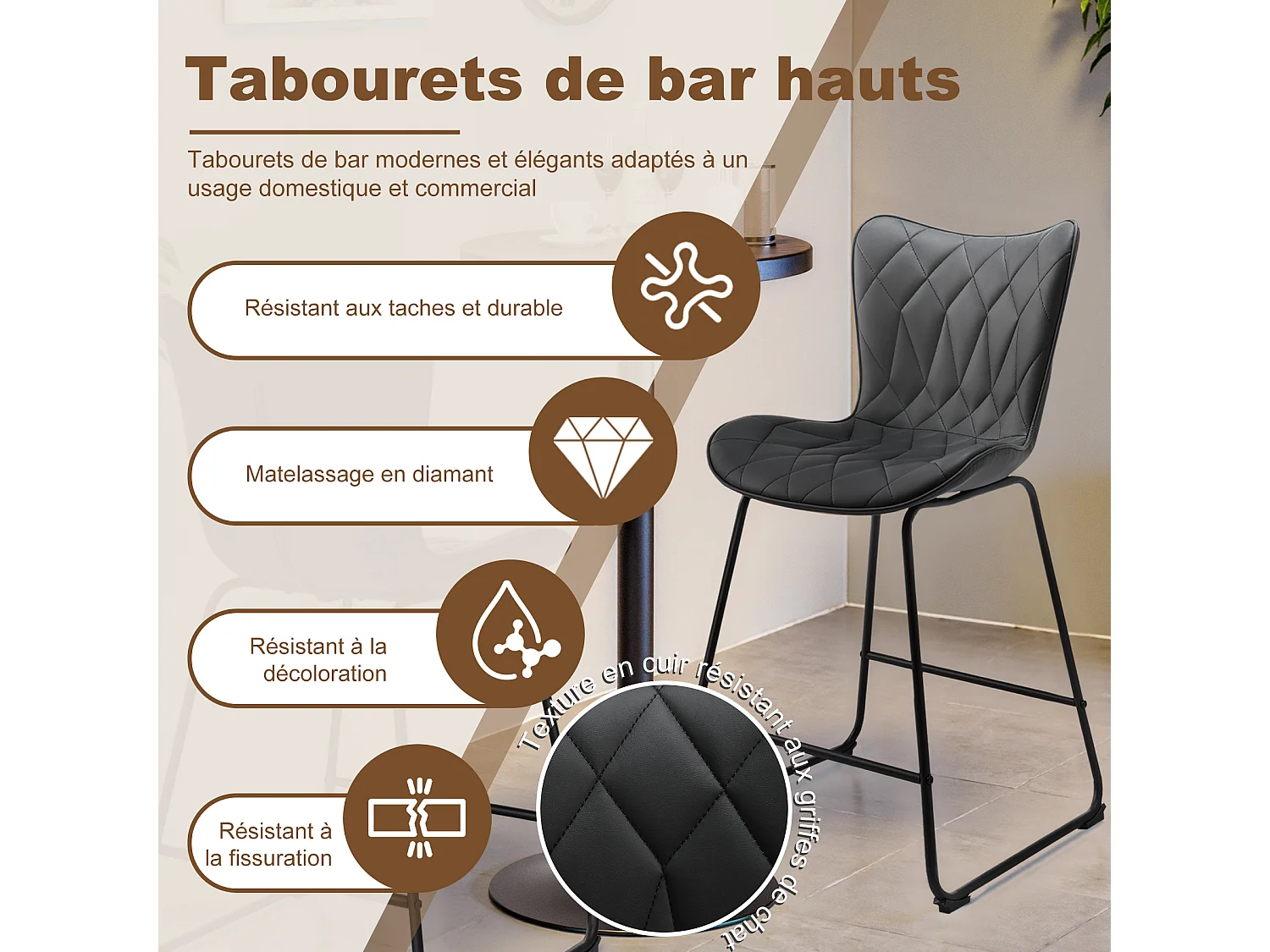 Lot de 2 Tabourets de bar hauts Tabourets de bar modernes et élégants adaptés à un usage domestique et commercial
