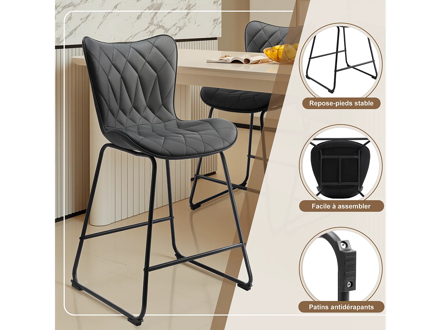 Lot de 2 Tabourets de bar hauts Tabourets de bar modernes et élégants adaptés à un usage domestique et commercial