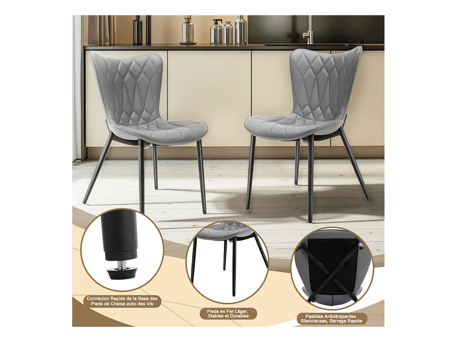 Sillas comedor - 2 gris oscuro, acolchado diamante 'piel de gato'