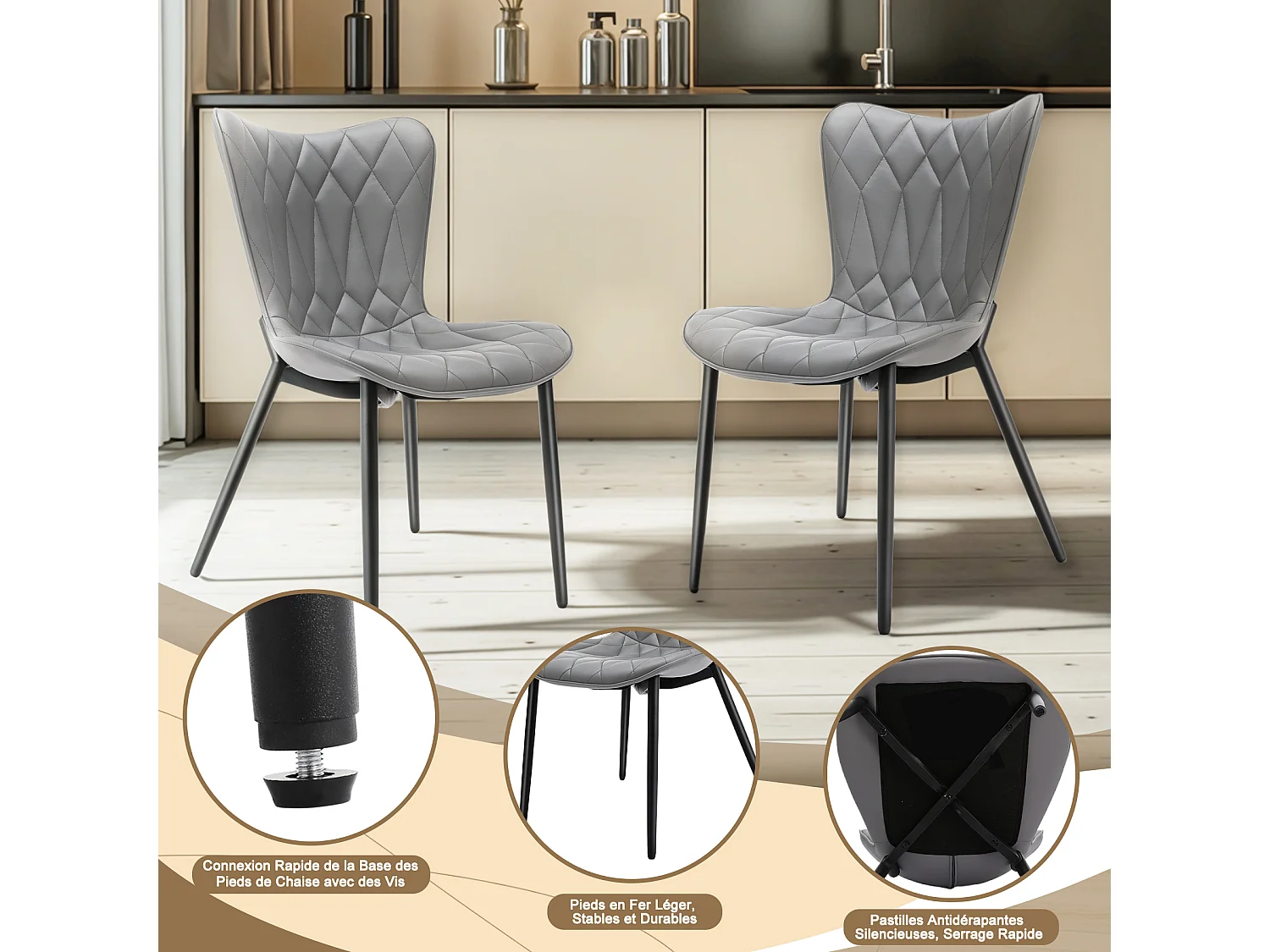 Lot de 2 chaises de salle à manger HOMEMiYN en similicuir gris – Résistantes aux rayures, confort haut de gamme et robustes