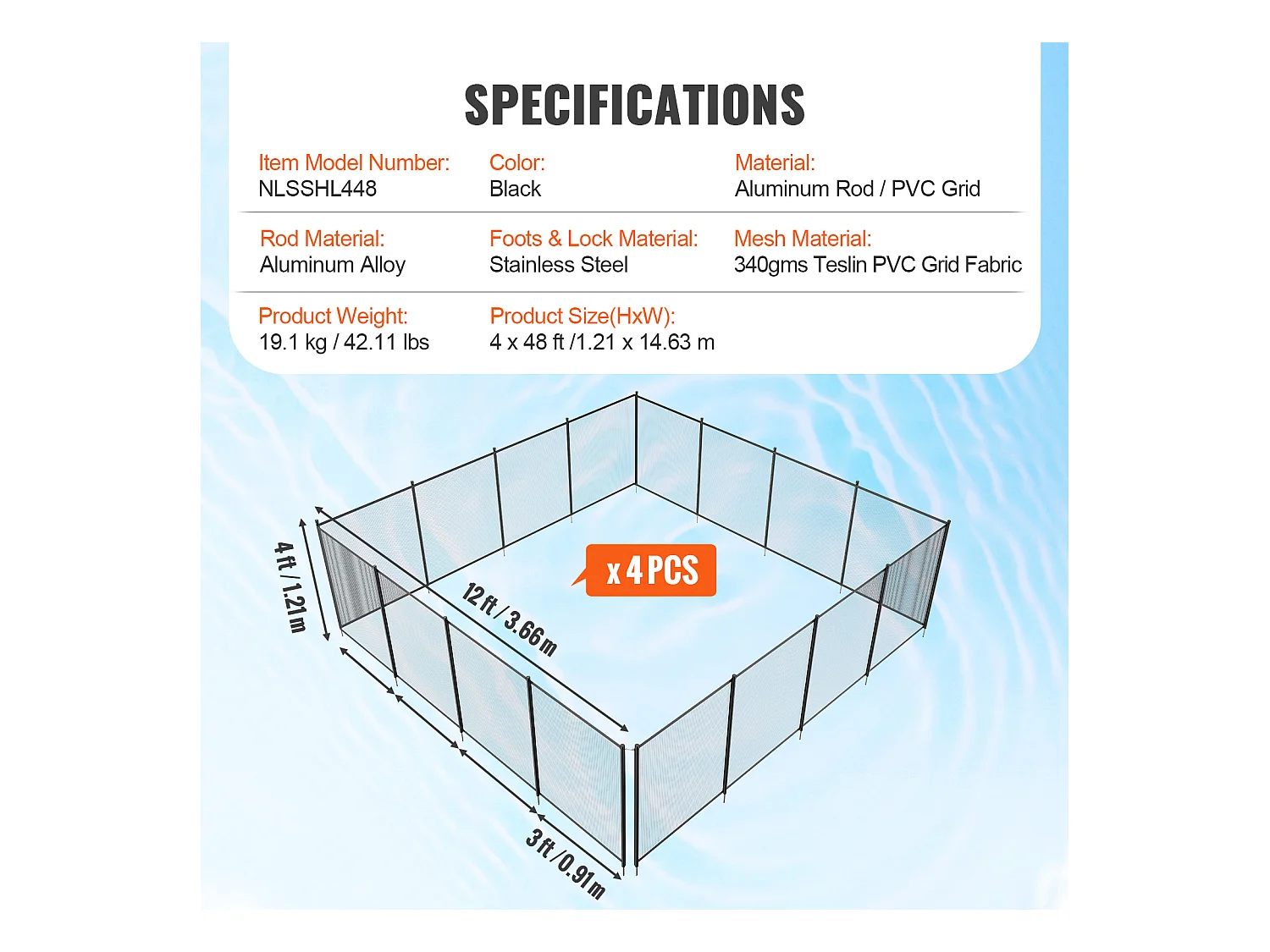 Poolzaun SucceBuy, Entfernbarer Sicherheitszaun Klappbar, Barriere für eingebrachte Pools, 1,21x14,63 m, 340 g/m², zum Schutz von Kindern und Haustieren