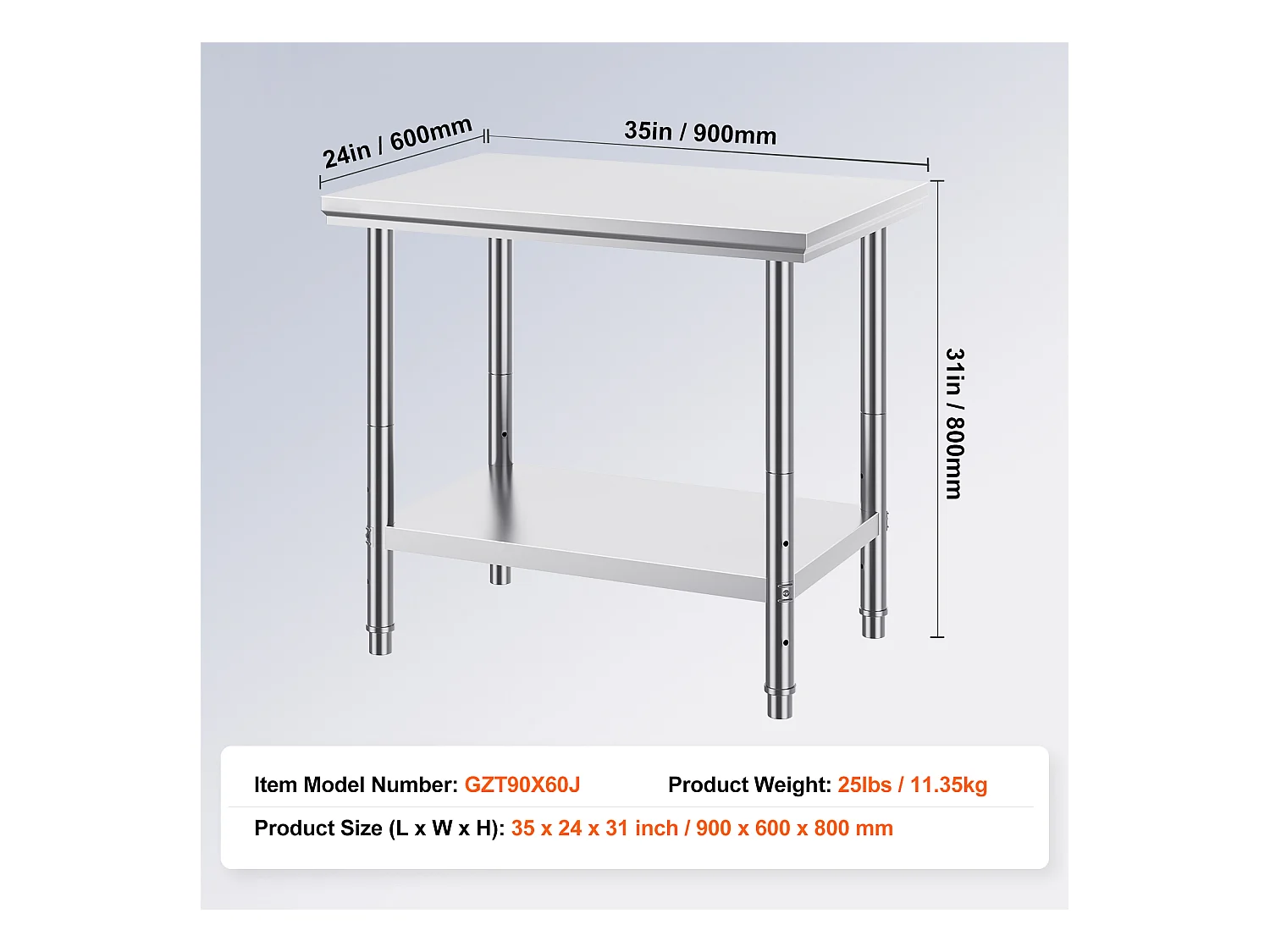 Table de Travail en Acier Inoxydable 60x90x80 cm, 2 Étages, pour Préparation de Cuisine d'Aliments et Repas, Hôtels, Bureaux, Hôpitaux