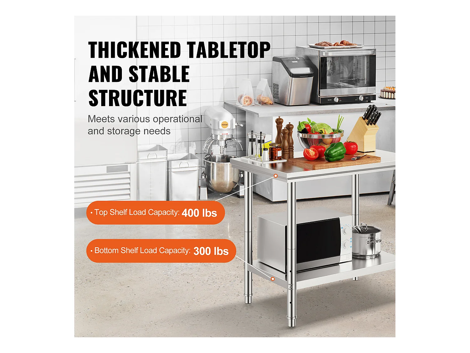 Table de Travail en Acier Inoxydable 60x90x80 cm, 2 Étages, pour Préparation de Cuisine d'Aliments et Repas, Hôtels, Bureaux, Hôpitaux