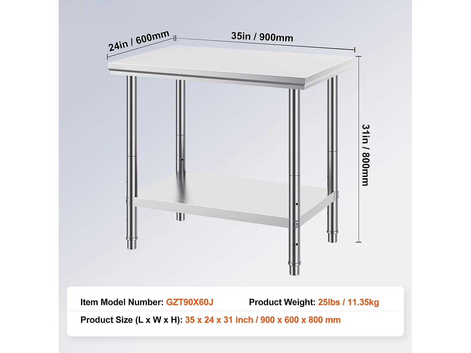 Table de Travail en Acier Inoxydable 60x90x80 cm, 2 Étages, pour Préparation de Cuisine d'Aliments et Repas, Hôtels, Bureaux, Hôpitaux