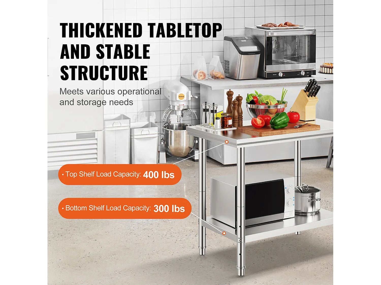 Table de Travail en Acier Inoxydable 60x90x80 cm, 2 Étages, pour Préparation de Cuisine d'Aliments et Repas, Hôtels, Bureaux, Hôpitaux