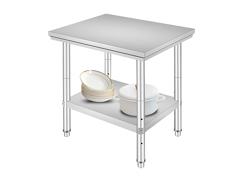 Table de Travail en Acier Inoxydable 60x76x80 cm, 2 Étages, pour Préparation de Cuisine d'Aliments et Repas, Hôtels, Bureaux, Hôpitaux