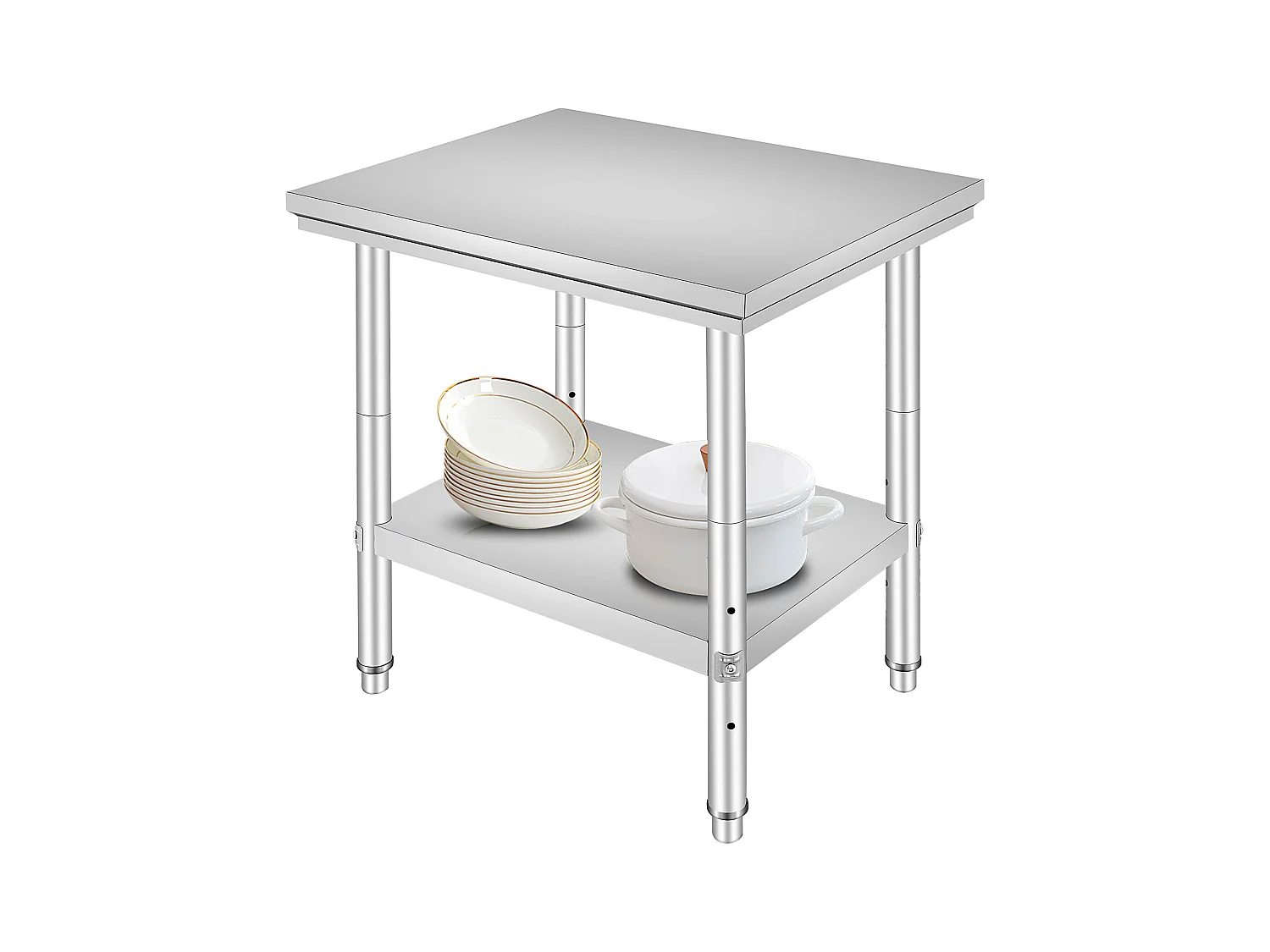Table de Travail en Acier Inoxydable 60x76x80 cm, 2 Étages, pour Préparation de Cuisine d'Aliments et Repas, Hôtels, Bureaux, Hôpitaux