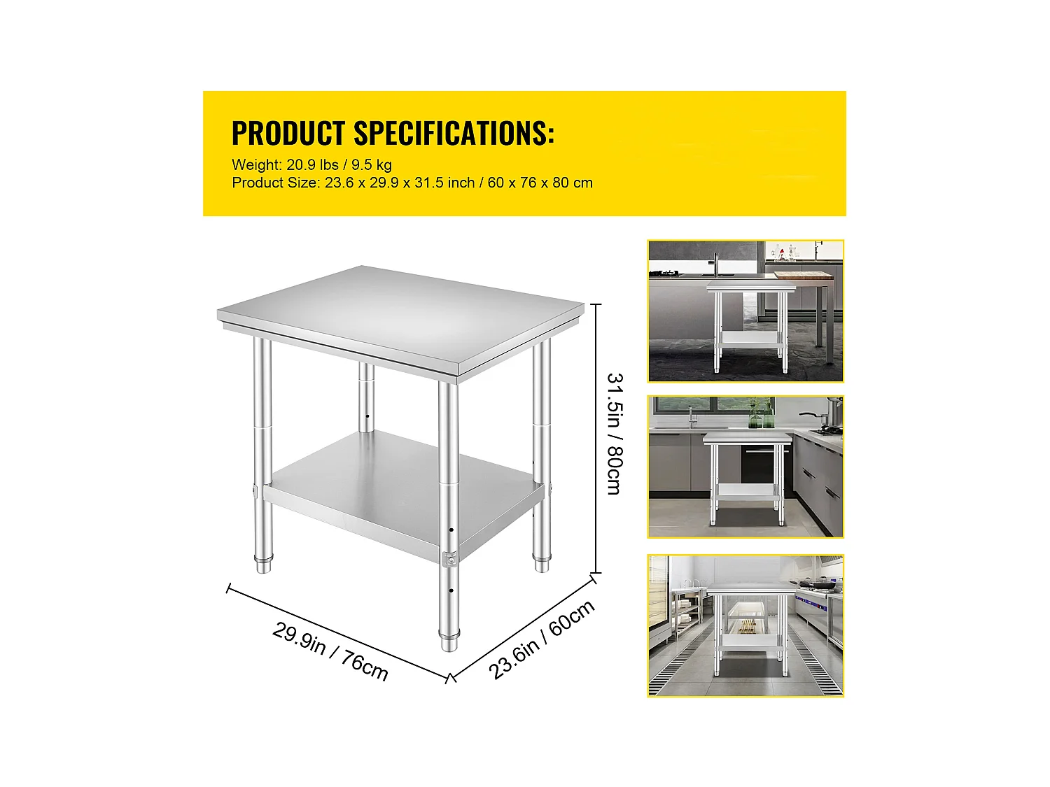 Table de Travail en Acier Inoxydable 60x76x80 cm, 2 Étages, pour Préparation de Cuisine d'Aliments et Repas, Hôtels, Bureaux, Hôpitaux