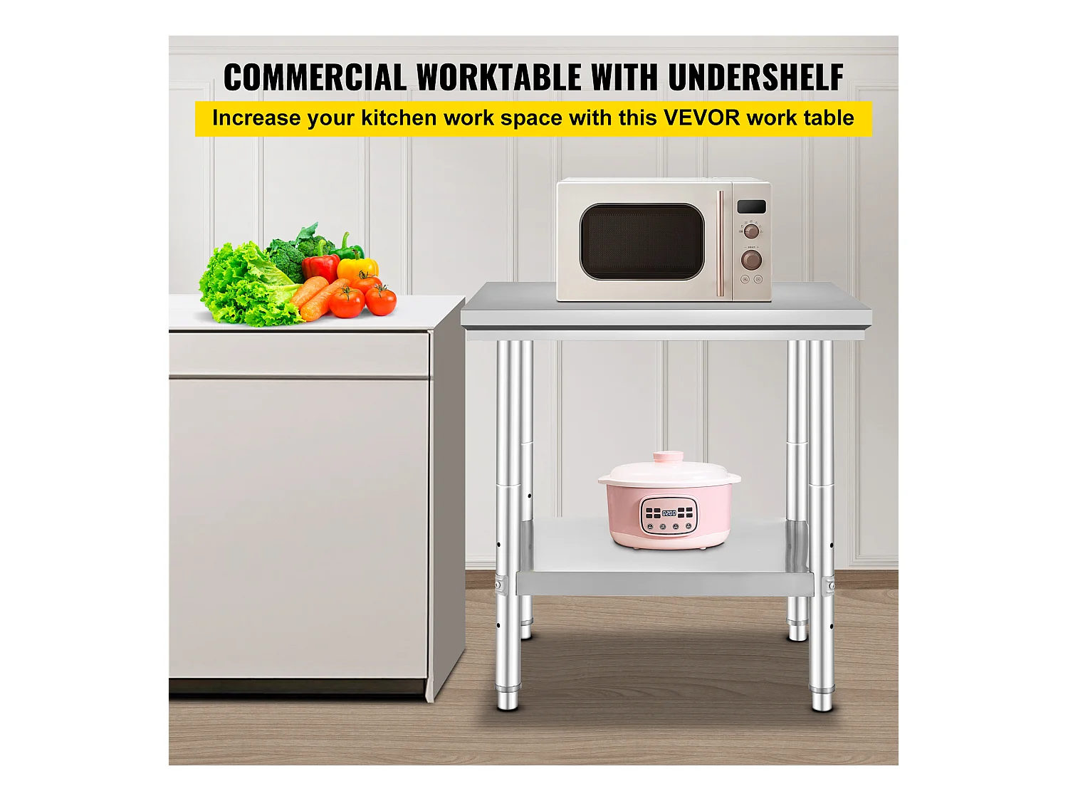 Table de Travail en Acier Inoxydable 60x76x80 cm, 2 Étages, pour Préparation de Cuisine d'Aliments et Repas, Hôtels, Bureaux, Hôpitaux