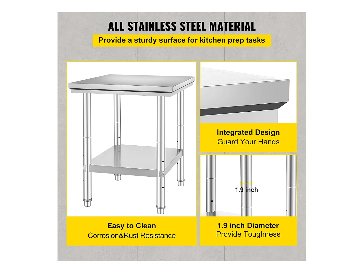 Table de Travail en Acier Inoxydable 60x76x80 cm, 2 Étages, pour Préparation de Cuisine d'Aliments et Repas, Hôtels, Bureaux, Hôpitaux