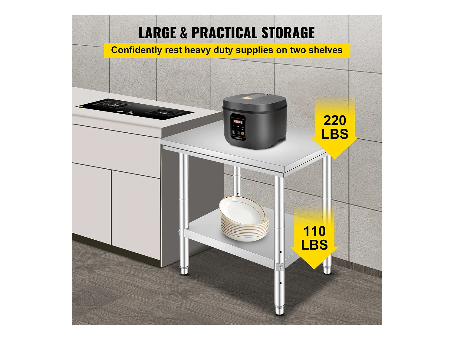 Table de Travail en Acier Inoxydable 60x76x80 cm, 2 Étages, pour Préparation de Cuisine d'Aliments et Repas, Hôtels, Bureaux, Hôpitaux