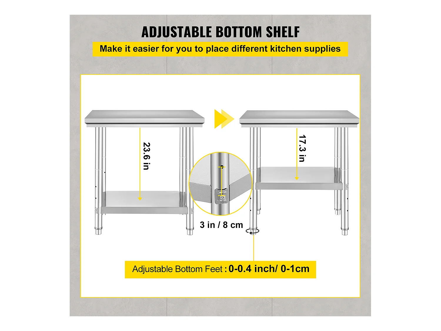 Table de Travail en Acier Inoxydable 60x76x80 cm, 2 Étages, pour Préparation de Cuisine d'Aliments et Repas, Hôtels, Bureaux, Hôpitaux