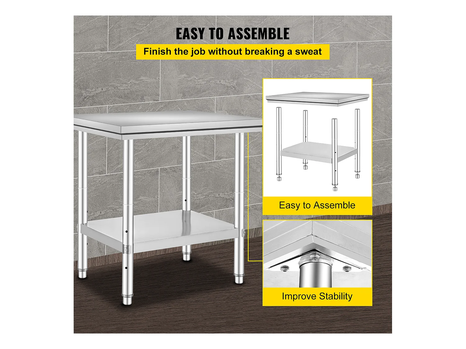 Table de Travail en Acier Inoxydable 60x76x80 cm, 2 Étages, pour Préparation de Cuisine d'Aliments et Repas, Hôtels, Bureaux, Hôpitaux