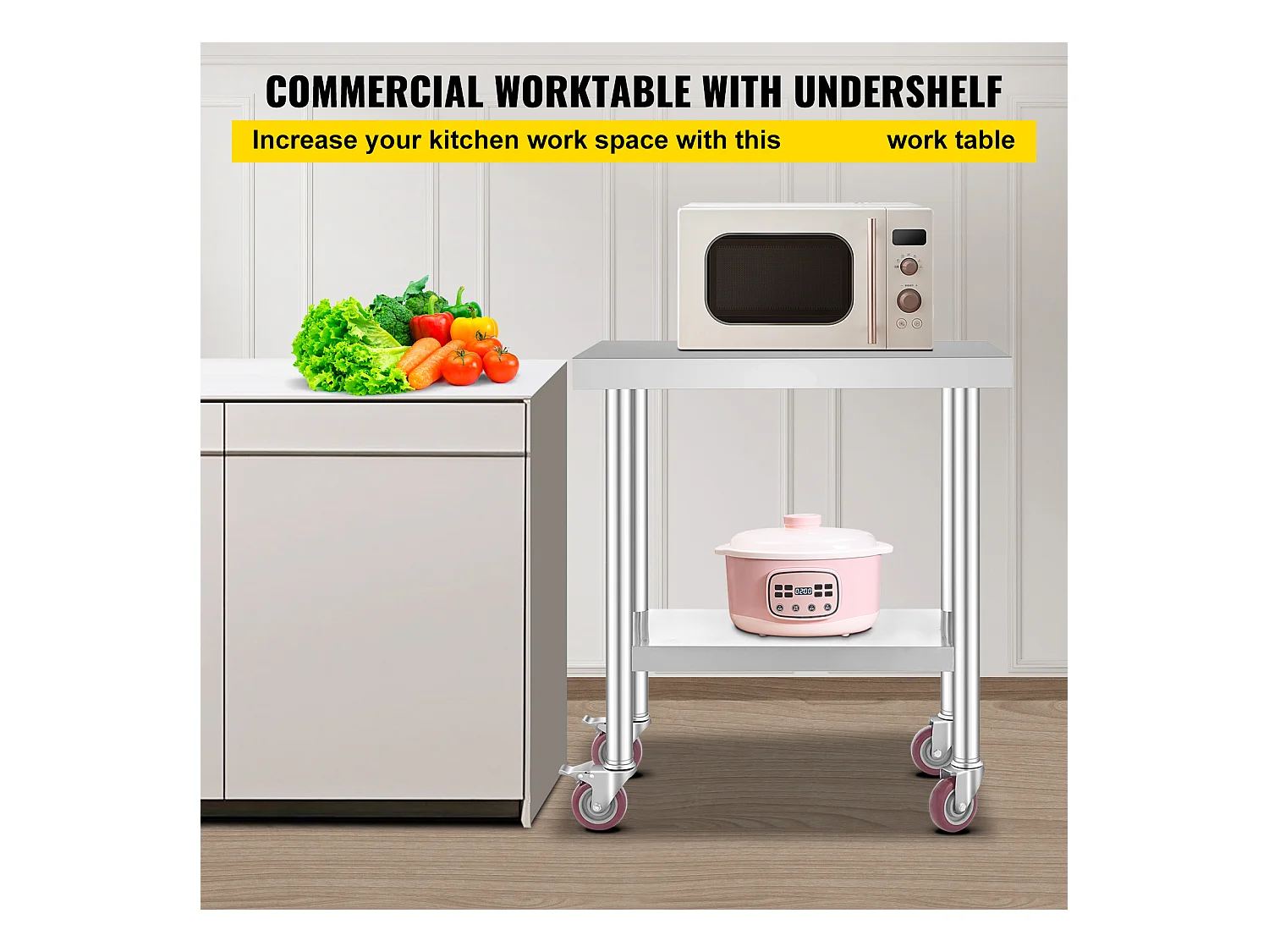 Table de Travail en Acier Inoxydable SucceBuy, 76x46x86 cm, Capacité de Charge 100 kg, 4 Roulettes, pour Cuisine Commerciale, Restaurant