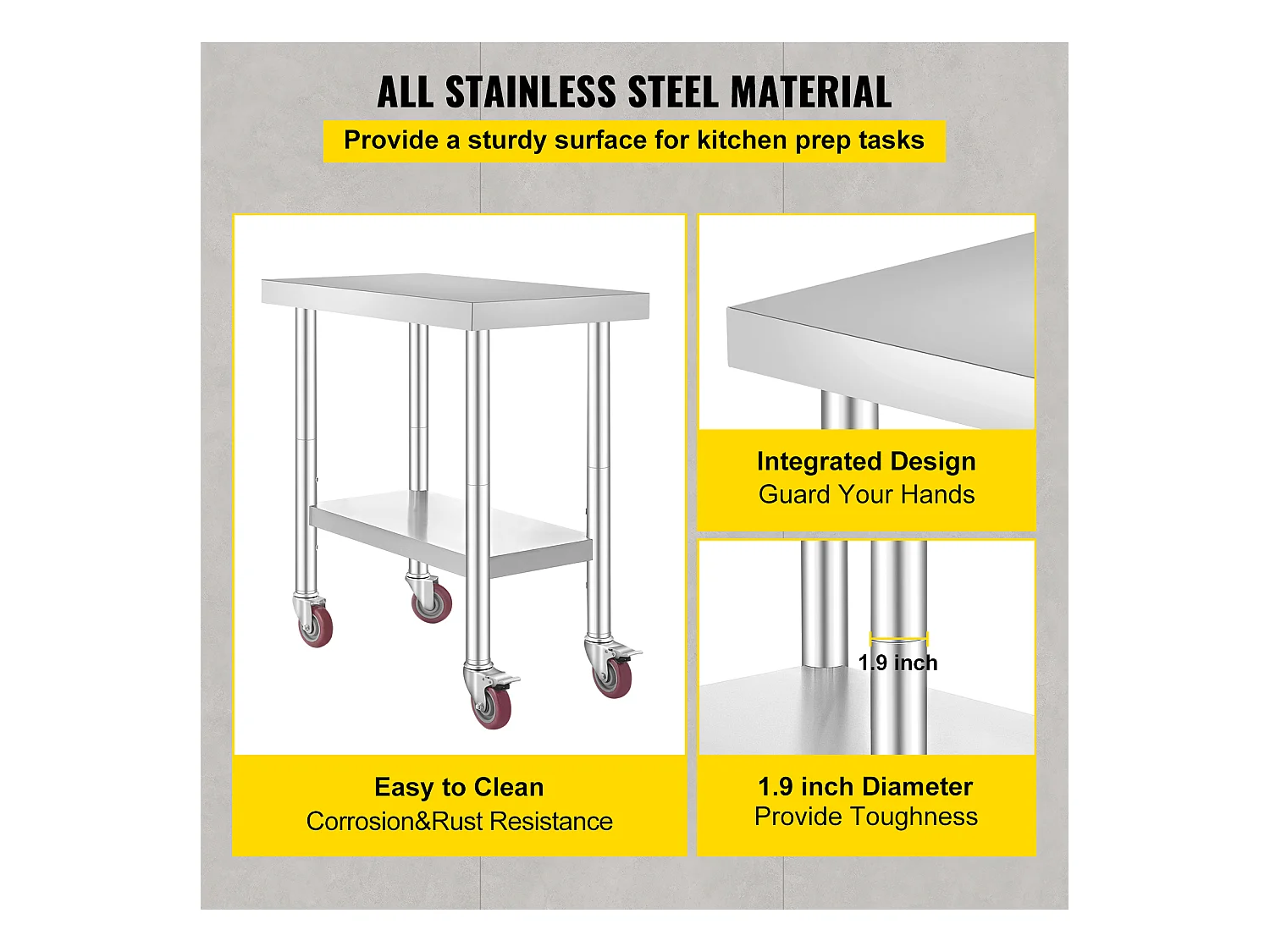 Table de Travail en Acier Inoxydable SucceBuy, 76x46x86 cm, Capacité de Charge 100 kg, 4 Roulettes, pour Cuisine Commerciale, Restaurant
