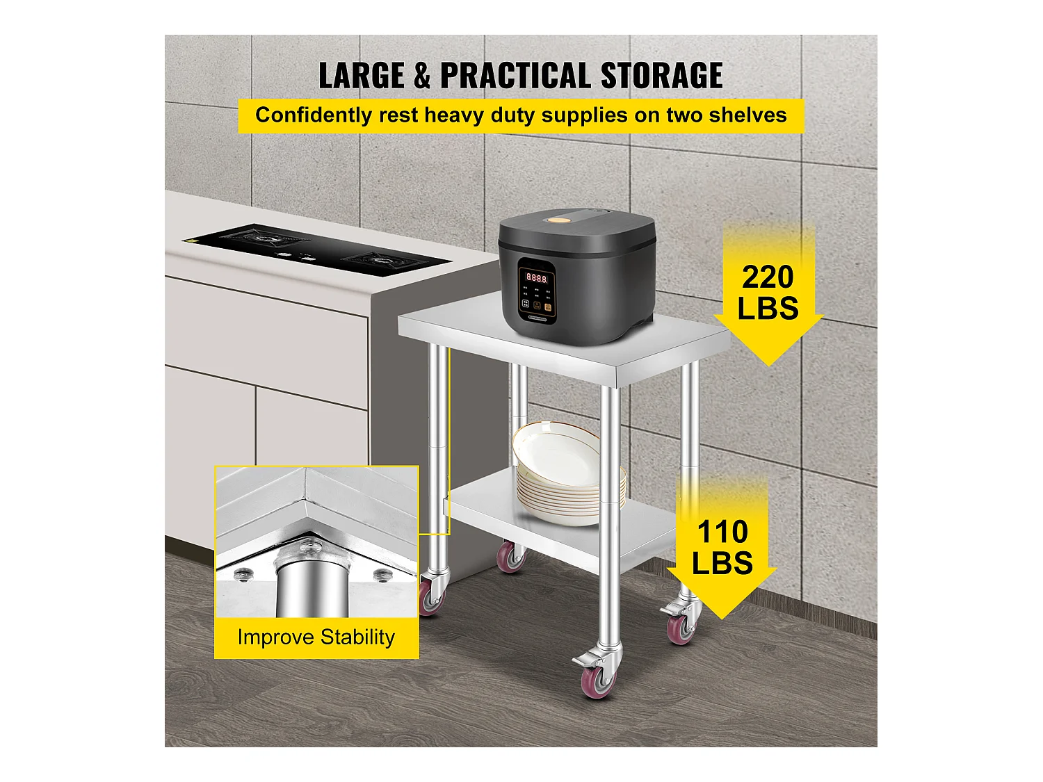 Table de Travail en Acier Inoxydable SucceBuy, 76x46x86 cm, Capacité de Charge 100 kg, 4 Roulettes, pour Cuisine Commerciale, Restaurant