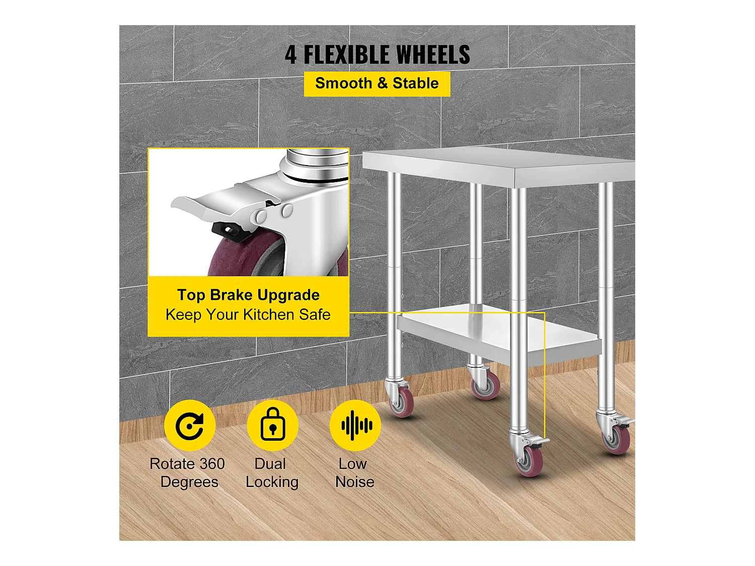 Table de Travail en Acier Inoxydable SucceBuy, 76x46x86 cm, Capacité de Charge 100 kg, 4 Roulettes, pour Cuisine Commerciale, Restaurant