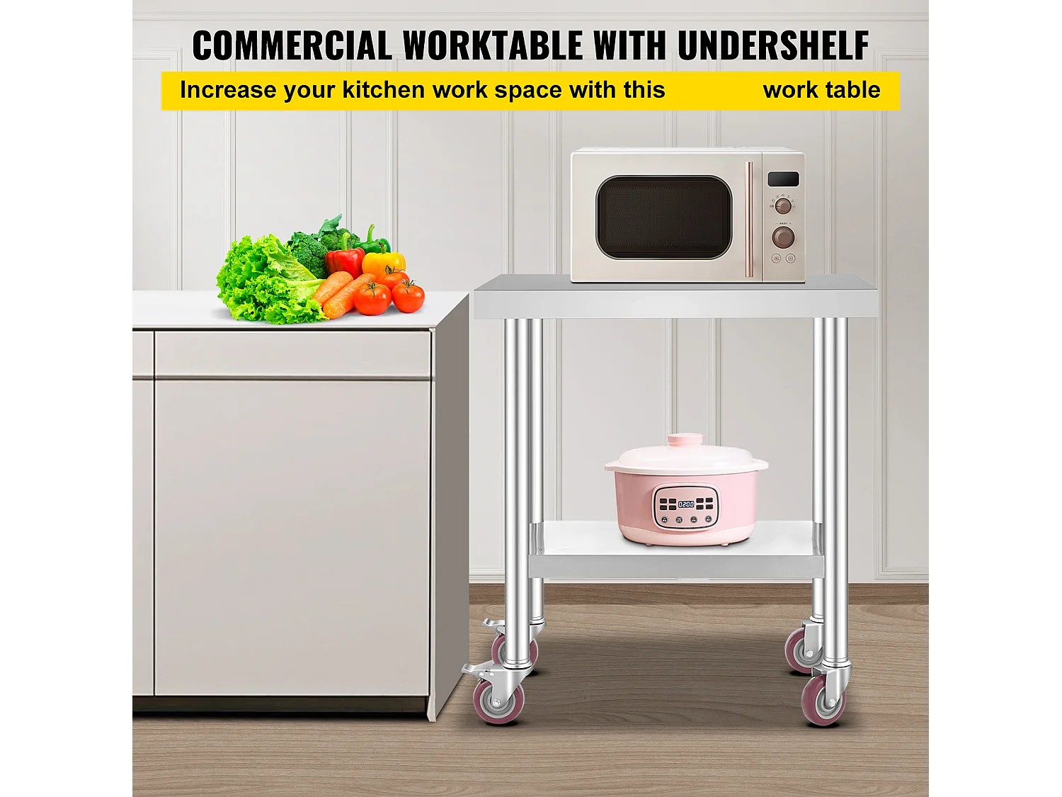 Table de Travail en Acier Inoxydable SucceBuy, 76x46x86 cm, Capacité de Charge 100 kg, 4 Roulettes, pour Cuisine Commerciale, Restaurant