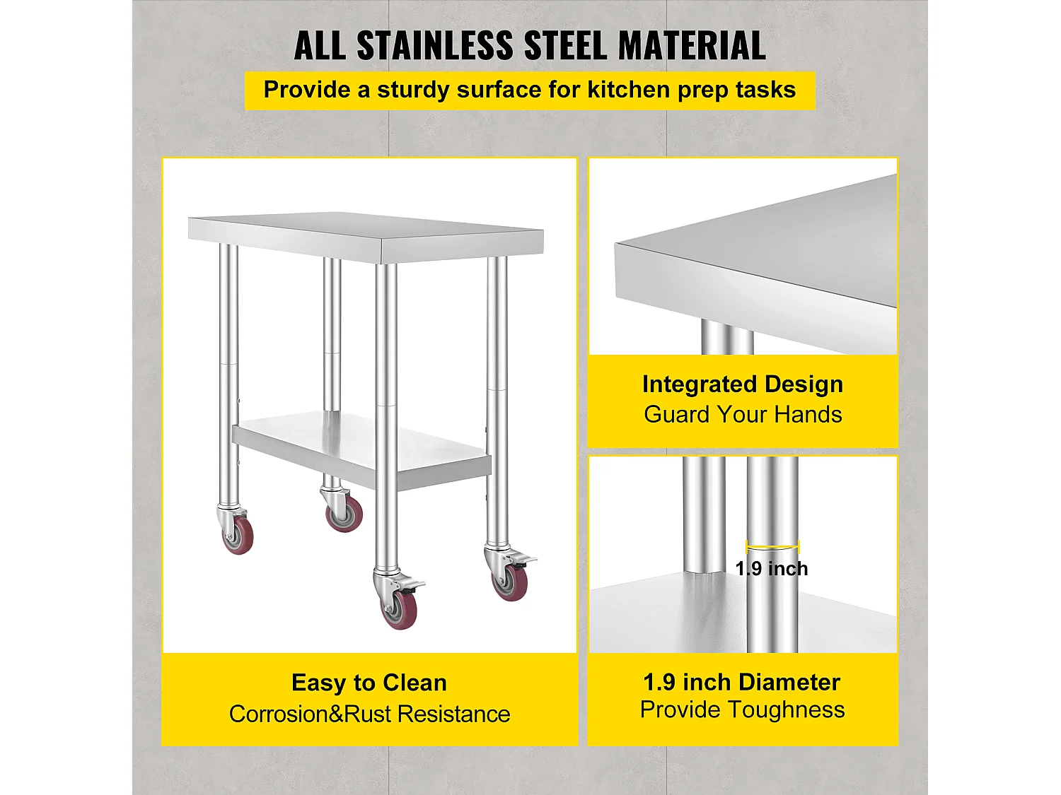 Table de Travail en Acier Inoxydable SucceBuy, 76x46x86 cm, Capacité de Charge 100 kg, 4 Roulettes, pour Cuisine Commerciale, Restaurant