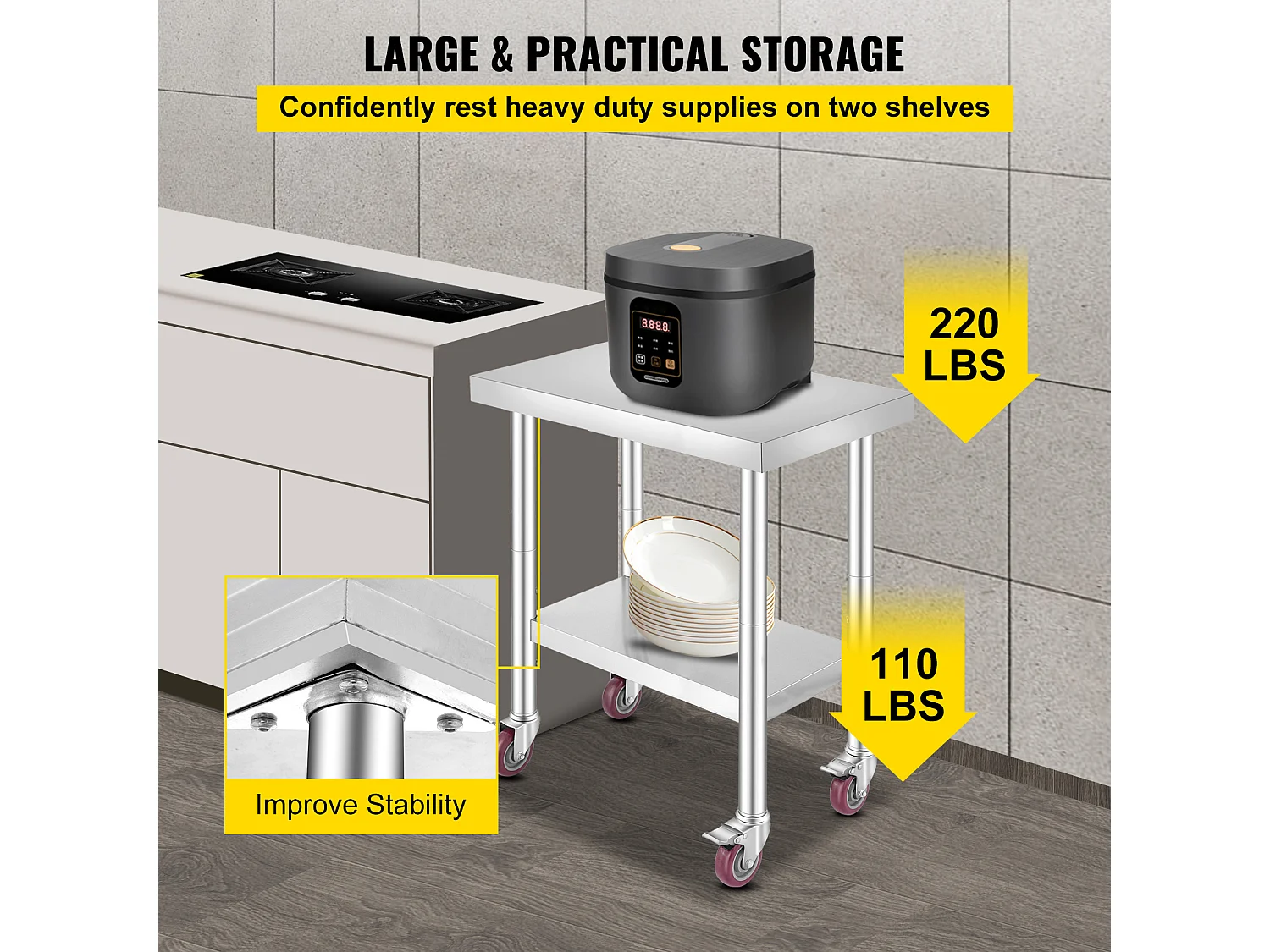 Table de Travail en Acier Inoxydable SucceBuy, 76x46x86 cm, Capacité de Charge 100 kg, 4 Roulettes, pour Cuisine Commerciale, Restaurant