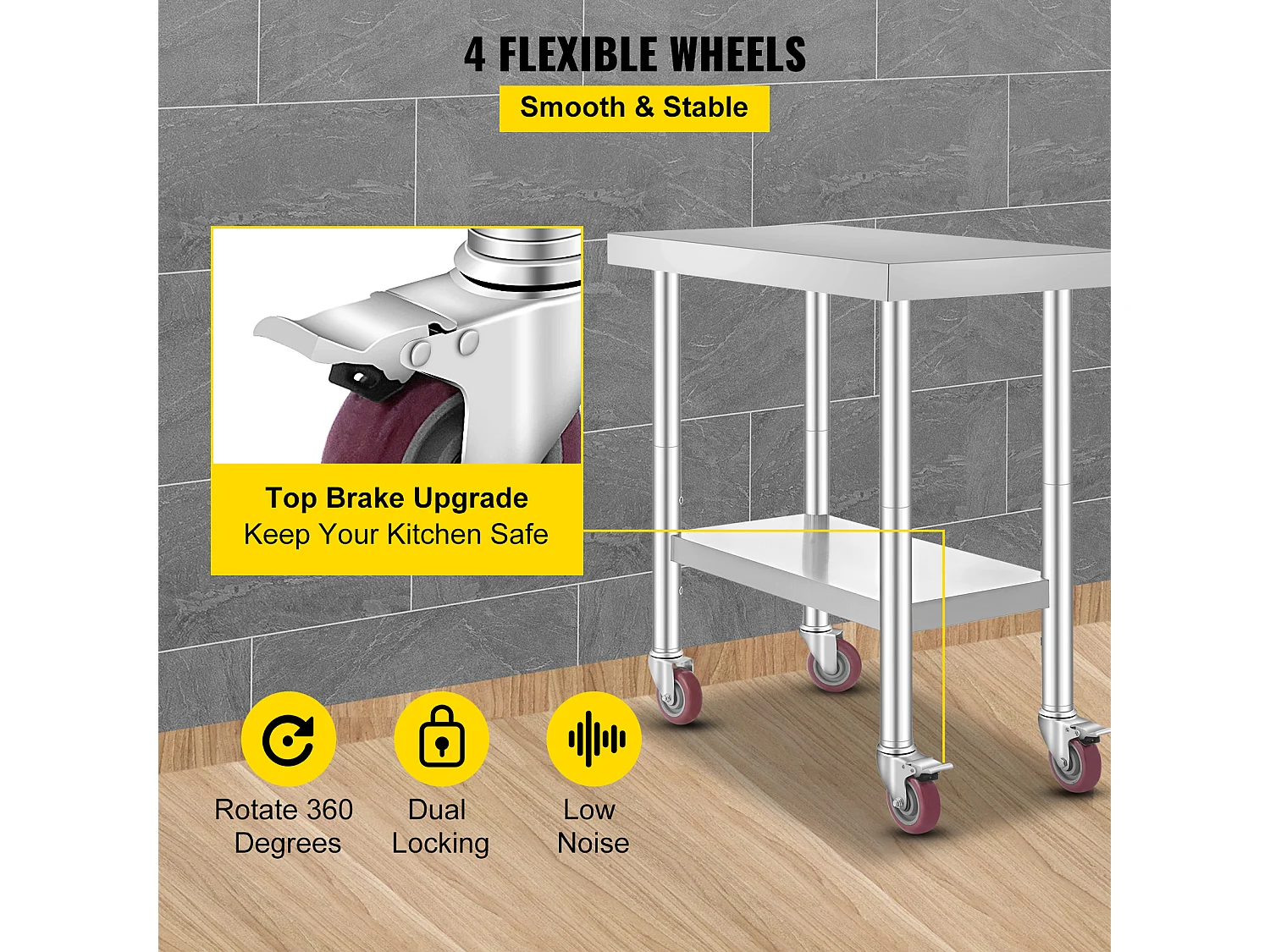 Table de Travail en Acier Inoxydable SucceBuy, 76x46x86 cm, Capacité de Charge 100 kg, 4 Roulettes, pour Cuisine Commerciale, Restaurant