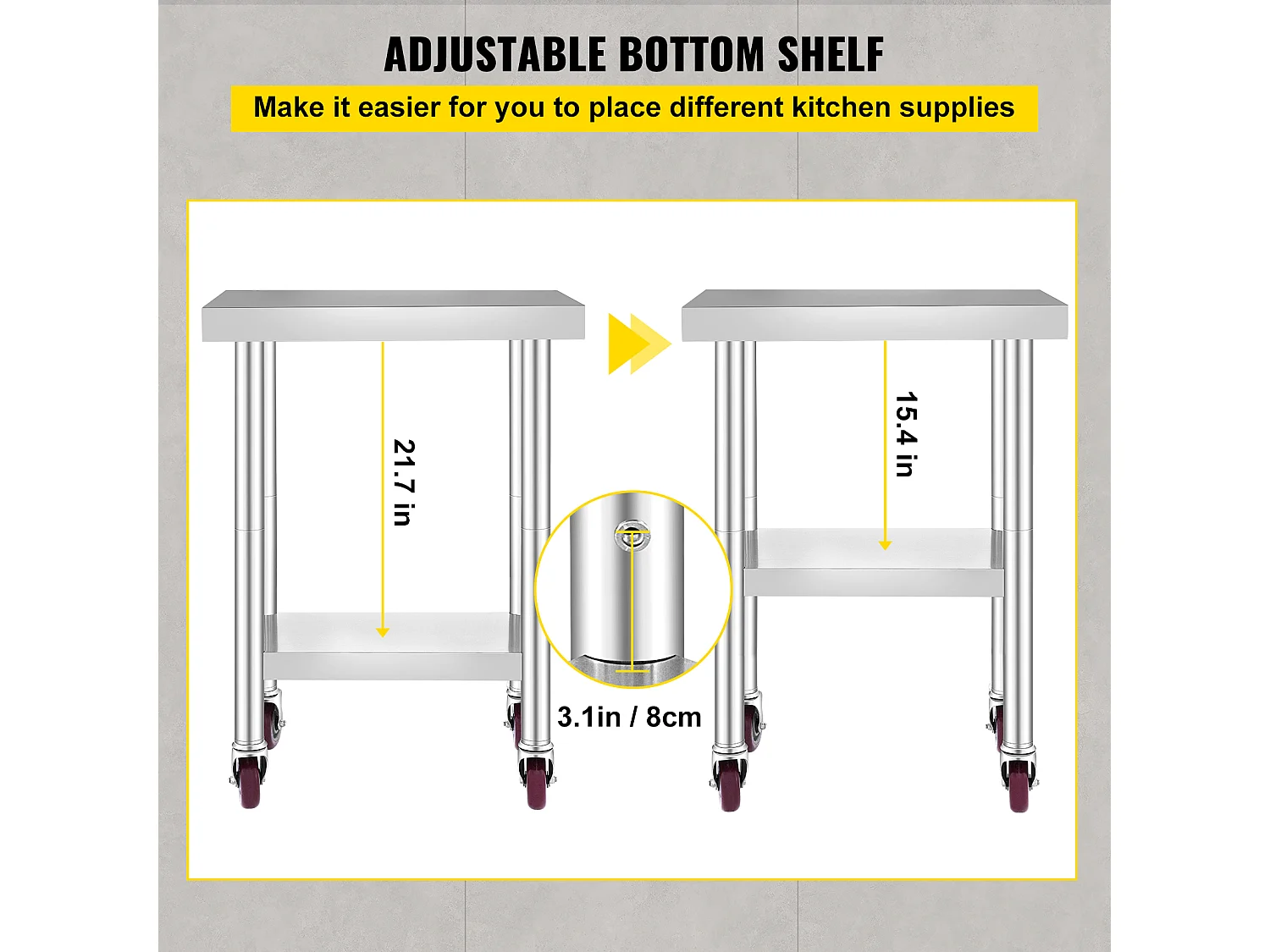 Table de Travail en Acier Inoxydable SucceBuy, 76x46x86 cm, Capacité de Charge 100 kg, 4 Roulettes, pour Cuisine Commerciale, Restaurant