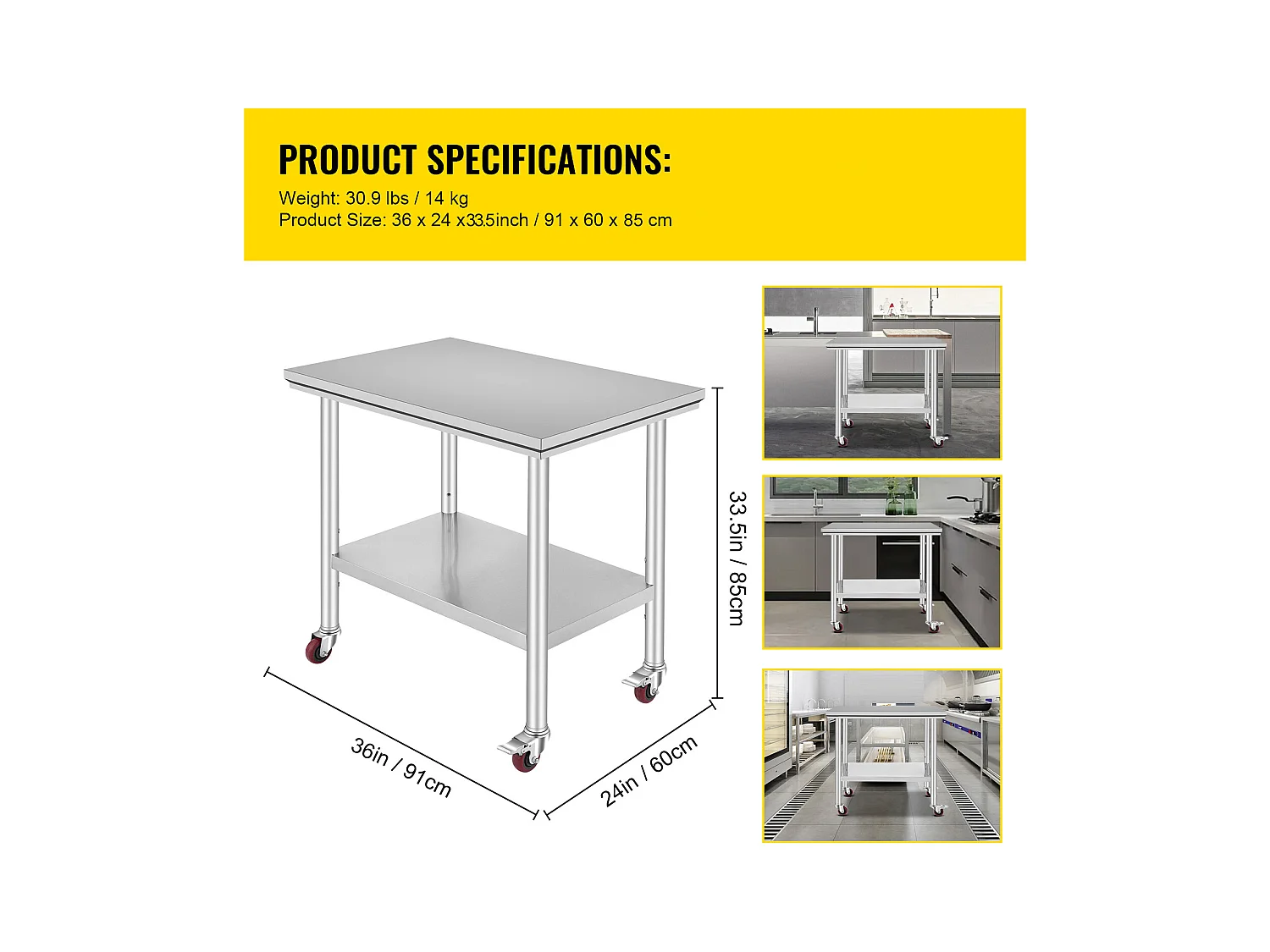 Tavolo di Lavoro in Acciaio Inossidabile SucceBuy, 90x60x85 cm, Capacità di Carico di 317,5 kg, 4 Ruote, per Cucina Commerciale, Ristorante