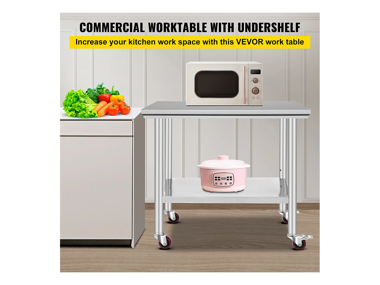 Tavolo di Lavoro in Acciaio Inossidabile SucceBuy, 90x60x85 cm, Capacità di Carico di 317,5 kg, 4 Ruote, per Cucina Commerciale, Ristorante