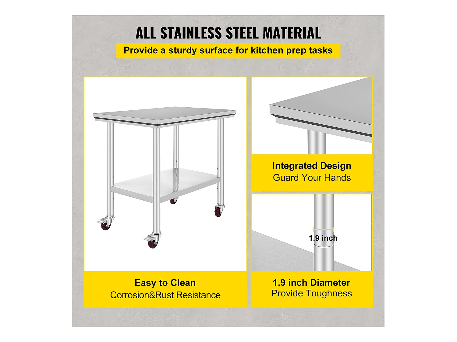 Tavolo di Lavoro in Acciaio Inossidabile SucceBuy, 90x60x85 cm, Capacità di Carico di 317,5 kg, 4 Ruote, per Cucina Commerciale, Ristorante