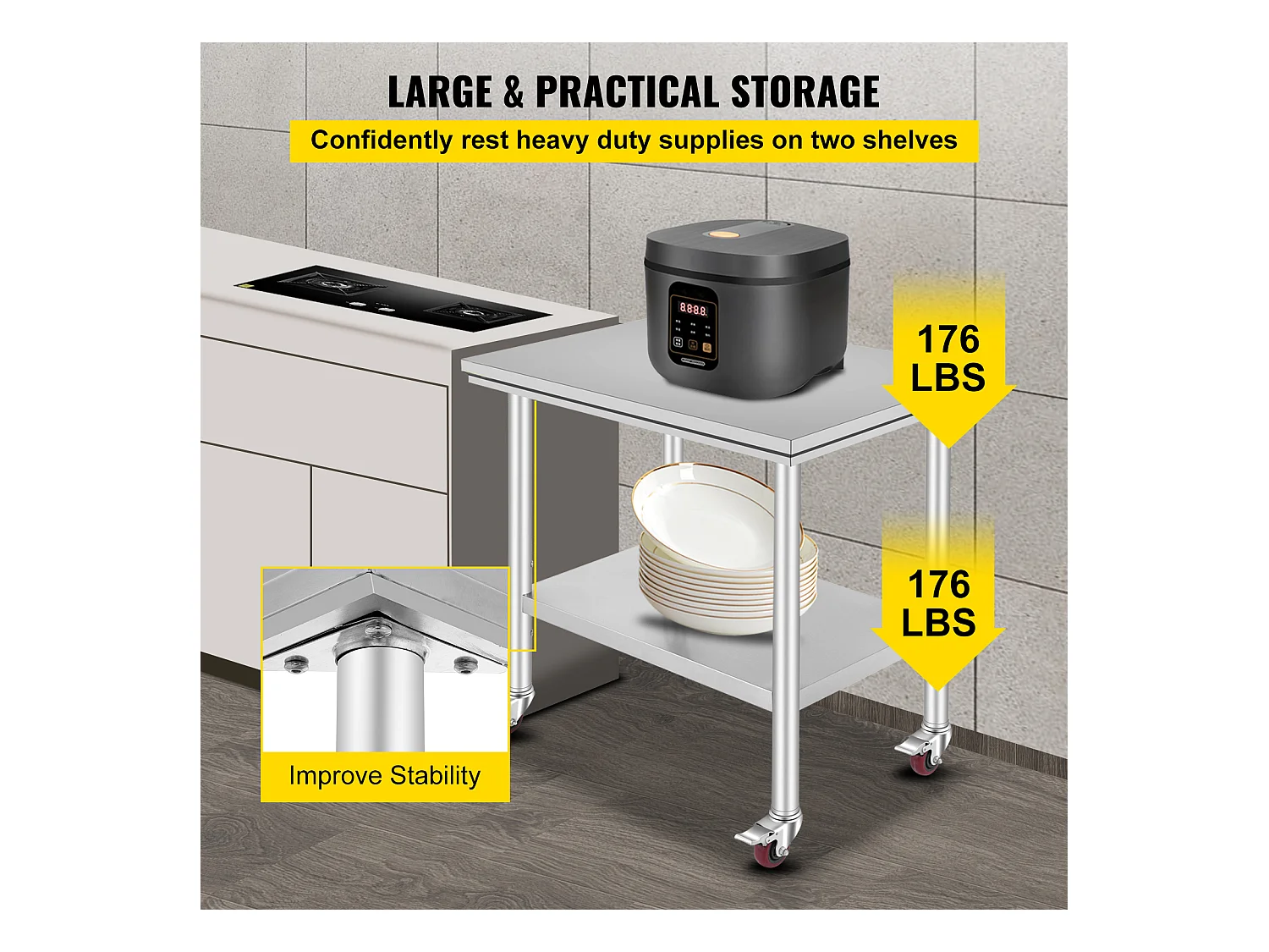 Tavolo di Lavoro in Acciaio Inossidabile SucceBuy, 90x60x85 cm, Capacità di Carico di 317,5 kg, 4 Ruote, per Cucina Commerciale, Ristorante