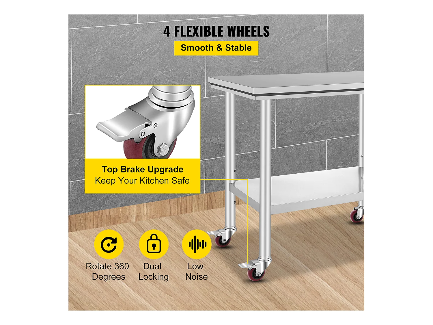 Tavolo di Lavoro in Acciaio Inossidabile SucceBuy, 90x60x85 cm, Capacità di Carico di 317,5 kg, 4 Ruote, per Cucina Commerciale, Ristorante