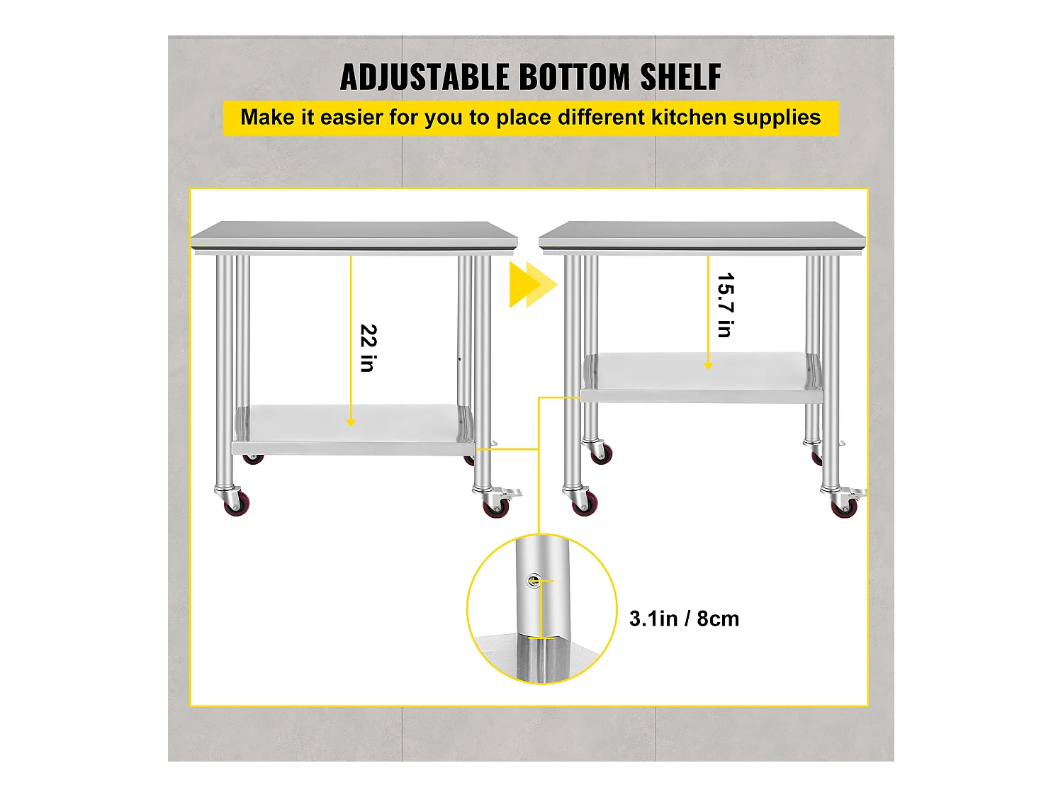 Tavolo di Lavoro in Acciaio Inossidabile SucceBuy, 90x60x85 cm, Capacità di Carico di 317,5 kg, 4 Ruote, per Cucina Commerciale, Ristorante