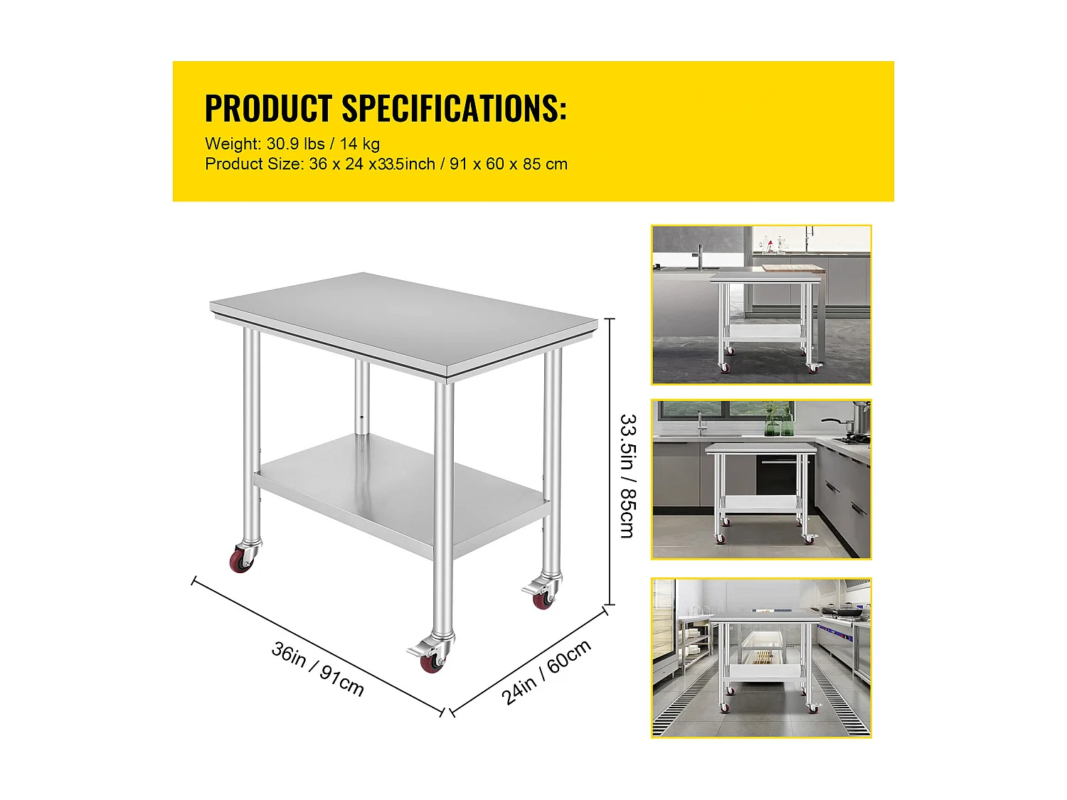Mesa de Trabajo en Acero Inoxidable SucceBuy, 90x60x85 cm, Capacidad de Carga de 317,5 kg, 4 Ruedas, para Cocina Comercial, Restaurante