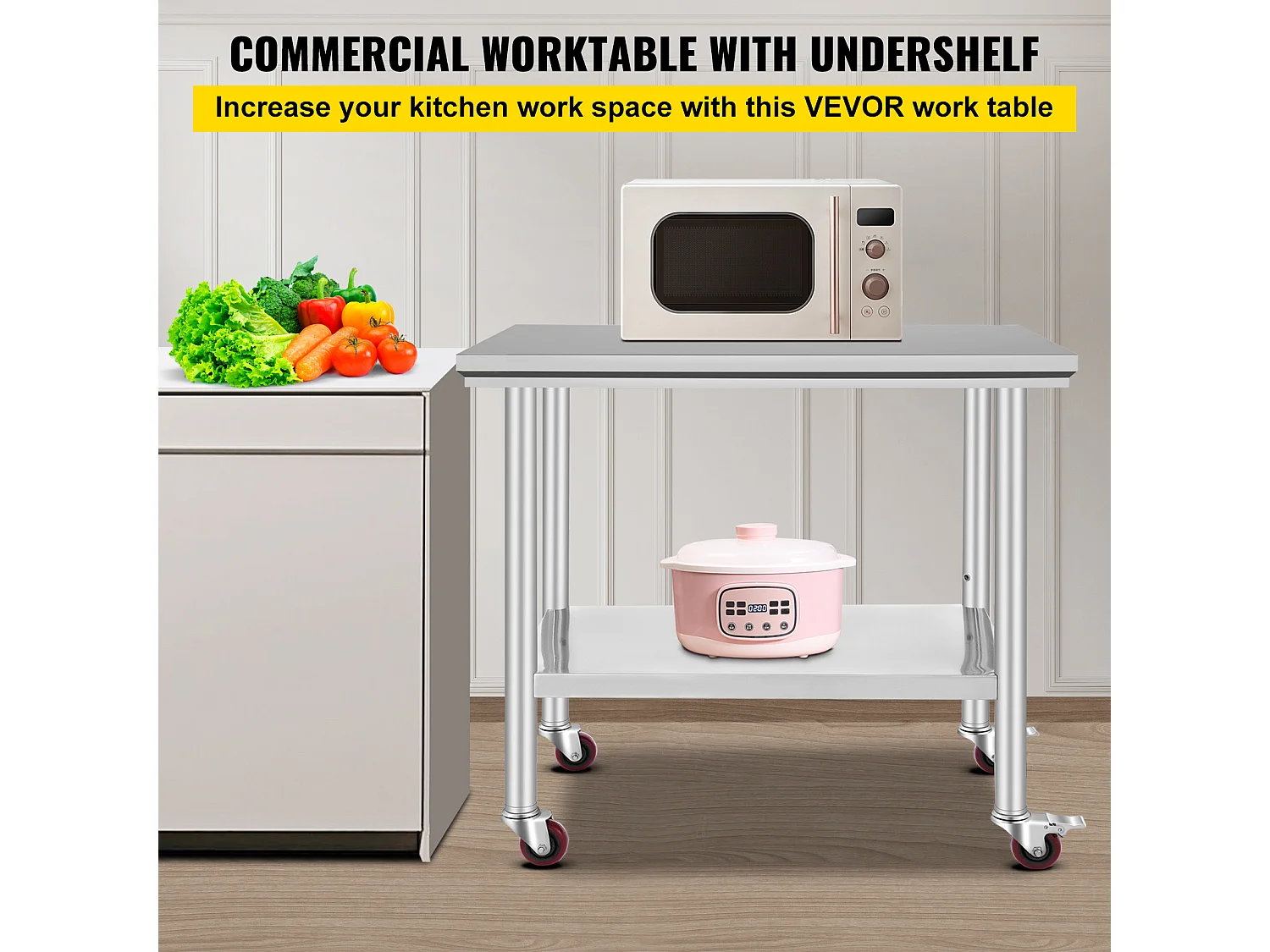 Mesa de Trabajo en Acero Inoxidable SucceBuy, 90x60x85 cm, Capacidad de Carga de 317,5 kg, 4 Ruedas, para Cocina Comercial, Restaurante