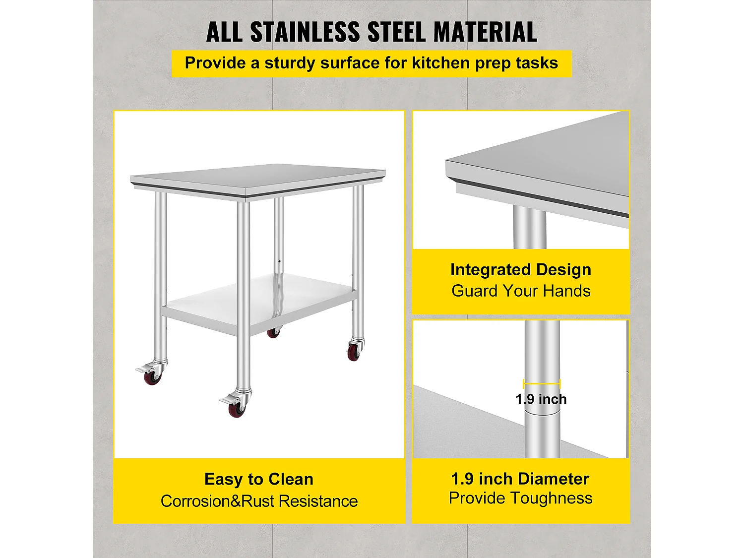 Mesa de Trabajo en Acero Inoxidable SucceBuy, 90x60x85 cm, Capacidad de Carga de 317,5 kg, 4 Ruedas, para Cocina Comercial, Restaurante