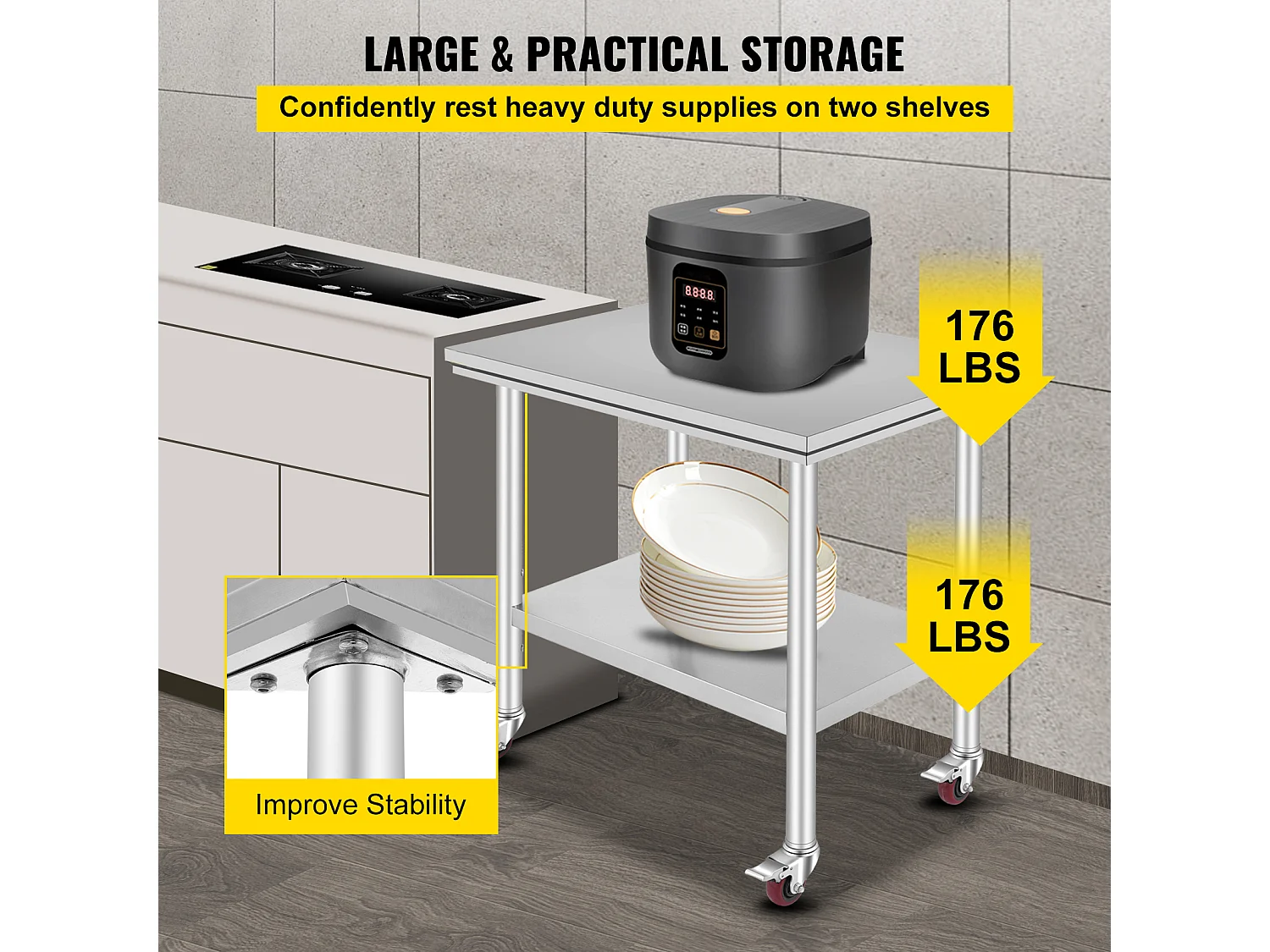 Mesa de Trabajo en Acero Inoxidable SucceBuy, 90x60x85 cm, Capacidad de Carga de 317,5 kg, 4 Ruedas, para Cocina Comercial, Restaurante