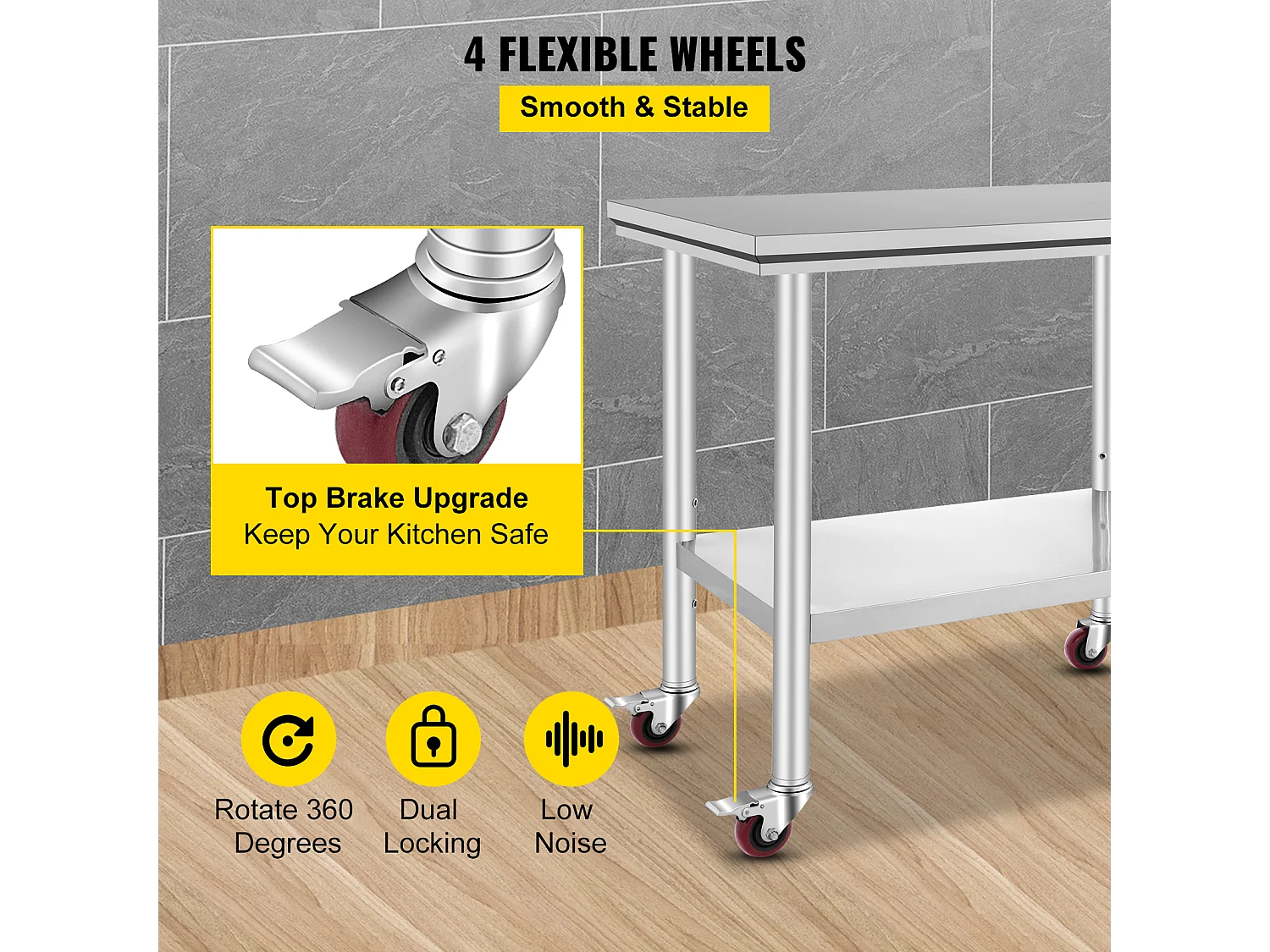 Mesa de Trabajo en Acero Inoxidable SucceBuy, 90x60x85 cm, Capacidad de Carga de 317,5 kg, 4 Ruedas, para Cocina Comercial, Restaurante